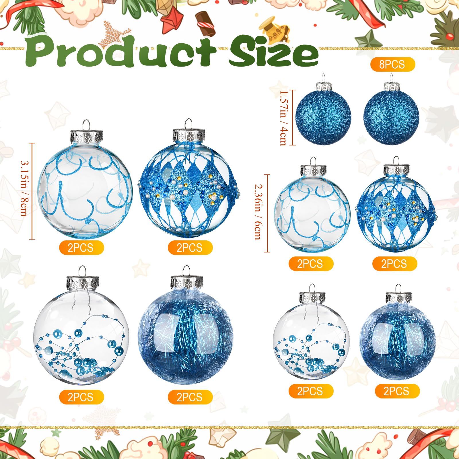 Outus 24 adornos de bolas de Navidad de 1.6/2.4/3.2 pulgadas, bolas transparentes con purpurina, decoraciones colgantes de plástico, inastillables, decoración de árbol de Navidad para Navidad,