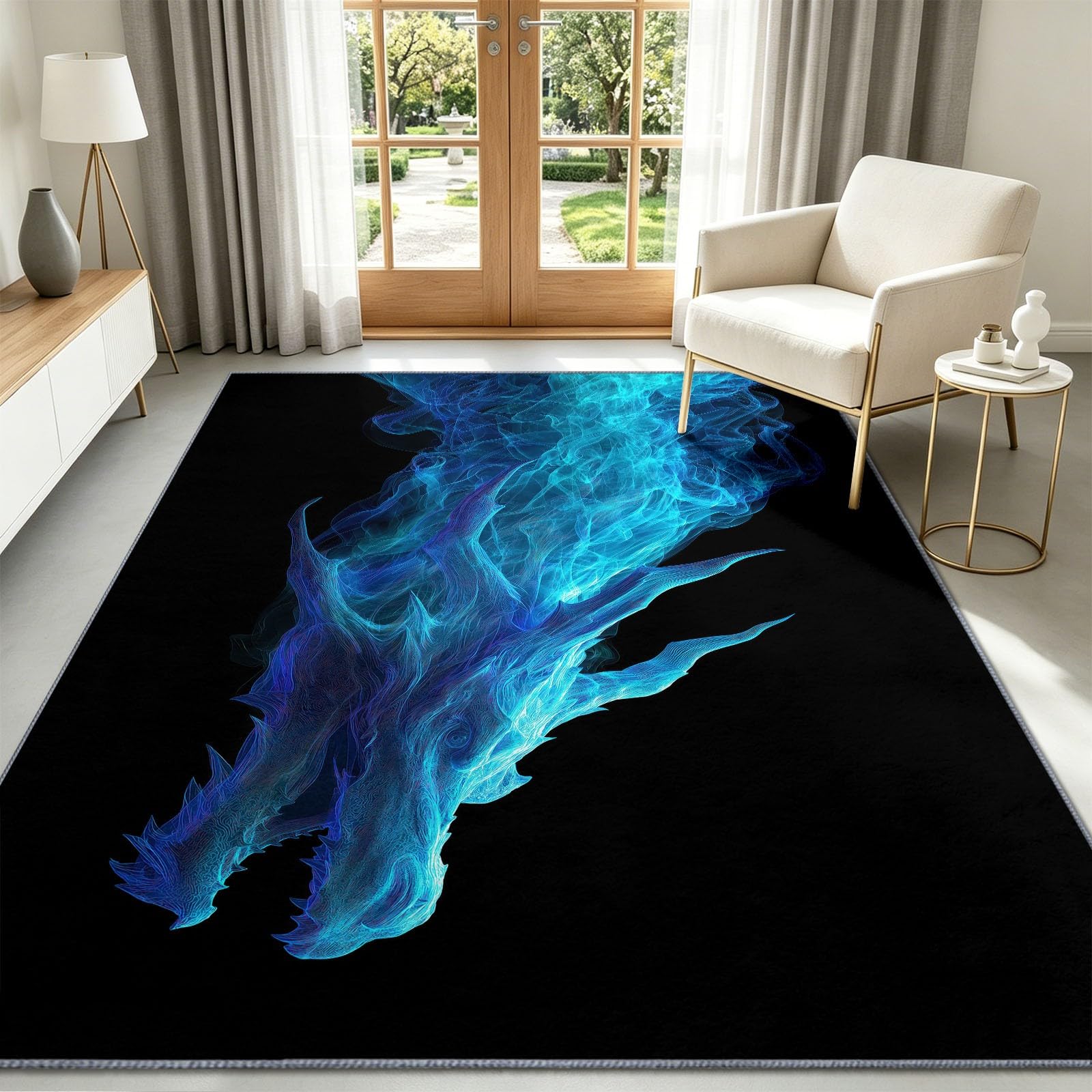 Tapis de Salon 160 x 230 cm, Dragon Fumée Verte Enfants Antidérapant Tapis Art Fantastique Poils Ras Doux Lavable Moquette pour Chambre Décoration Intérieure Paillasson Moquette