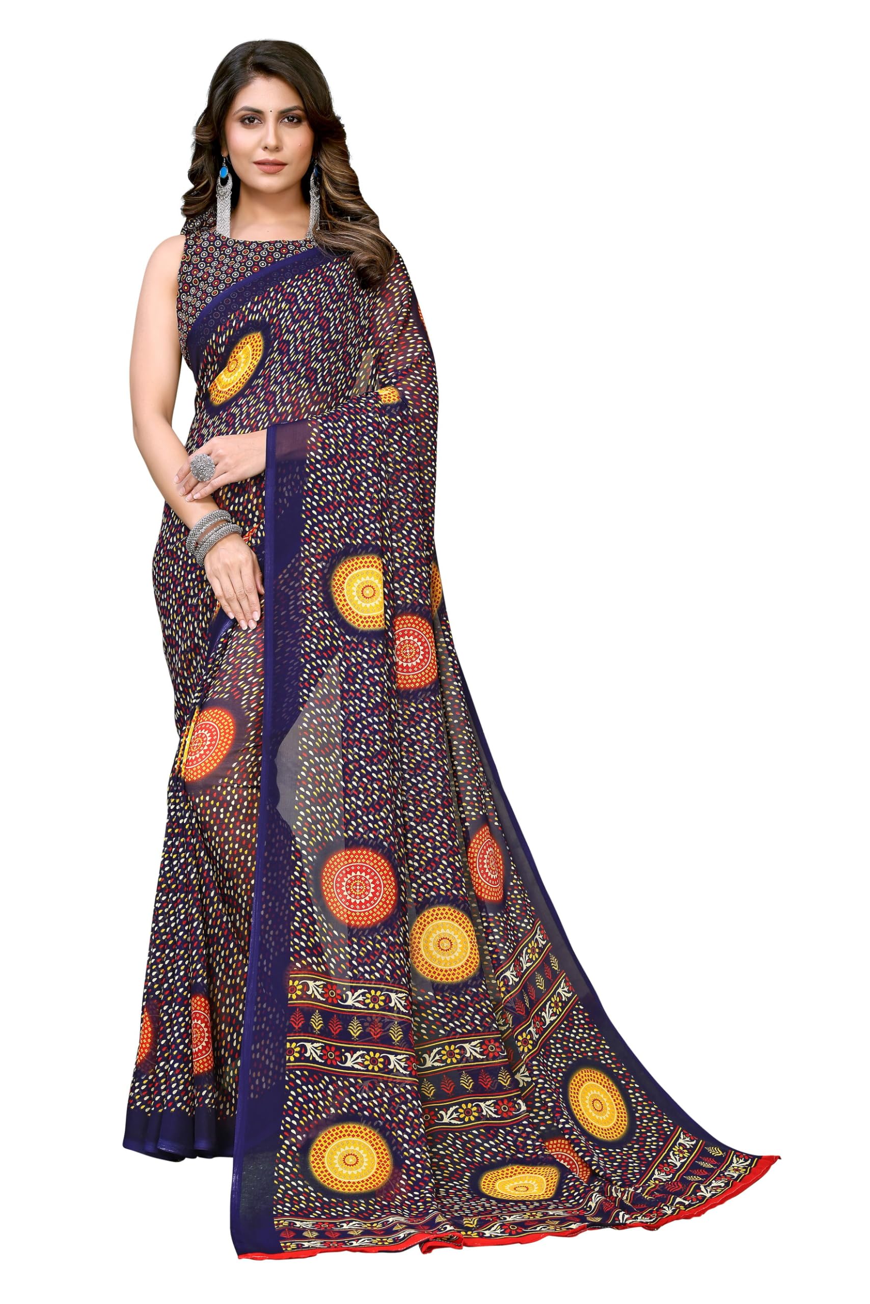 Yashika Women's Trendy Printed Georgette Purple Color Saree with Blouse Material
