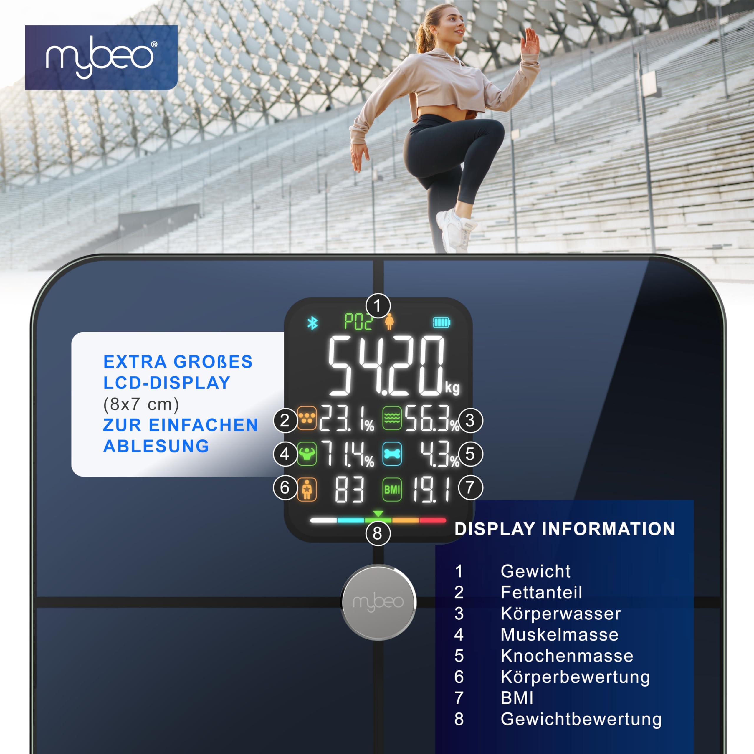 Mybeo - Körperfettwaage mit App - Digitale Bluetooth Körperwaage - Personenwaage Multifunktionswaage - Digitale Anzeige – Full Body Scan - bis zu 180 kg – gehärtetes Glas - mit körperfettanalyse