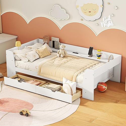 Twin Size Daybed Frame with Storage Drawers,Kids Day Bed Frame Twin with Charging Station,Twin Kids Bed for Boys Girls,White