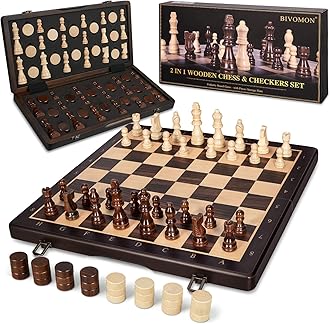 BIVOMON 2 in 1 Wooden Magnetic Chess Set & Checkers Board Game-15'' Foldable Chess Board for Adults & Kids-Portable Travel Chess Set with Pieces Storage Slots-2 Extra Queens-Beginner Chess Board Game