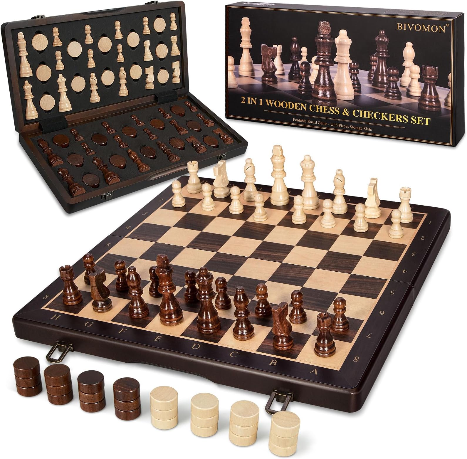 BIVOMON 2 in 1 Wooden Magnetic Chess Set & Checkers Board Game-15'' Foldable Chess Board for Adults & Kids-Portable Travel Chess Set with Pieces Storage Slots-2 Extra Queens-Beginner Chess Board Game