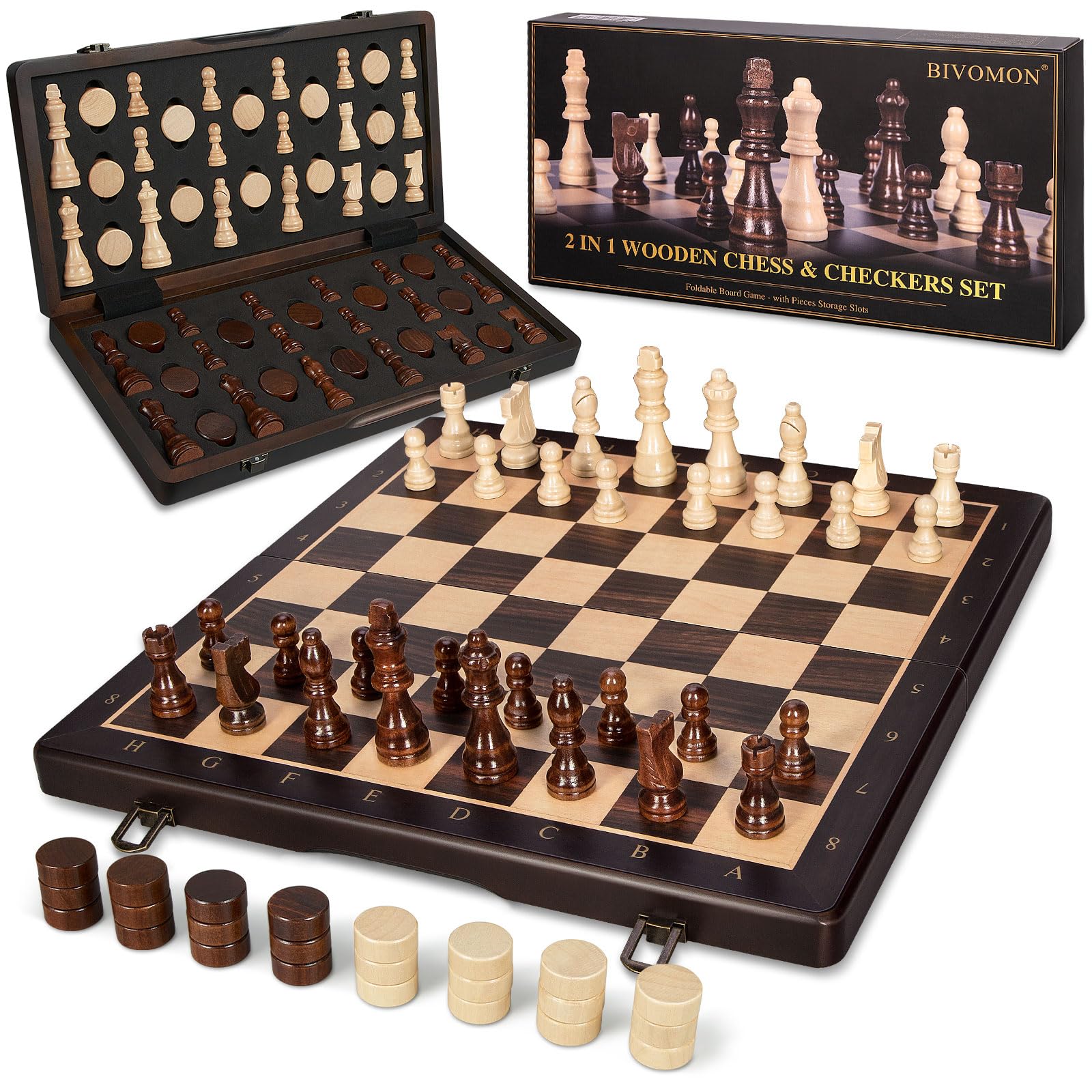 2 in 1 Wooden Magnetic Chess Set & Checkers Board Game-15'' Foldable Chess Board for Adults & Kids-Portable Travel Chess Set with Pieces Storage Slots-2 Extra Queens-Beginner Chess Board Game