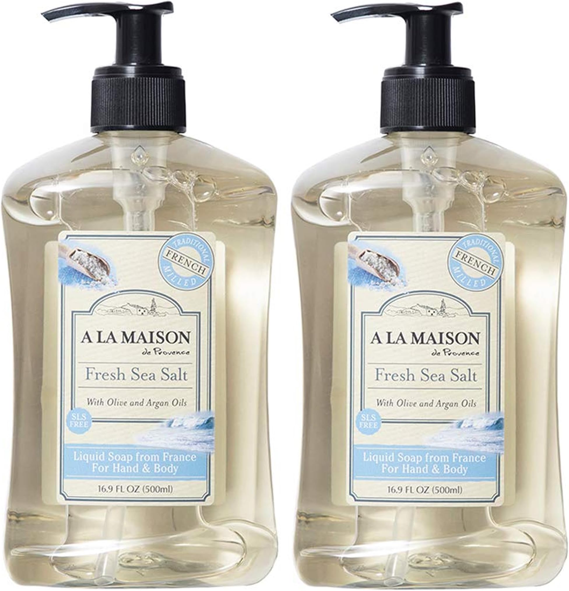 - A LA MAISON Fresh Sea Salt French Liquid Hand Soap - Natural Hand Wash Made with Essential Oils - Biodegradable, Plant-Based, Vegan, Cruelty-Free, Alcohol & Paraben Free (16.9 oz, 2 Pack)