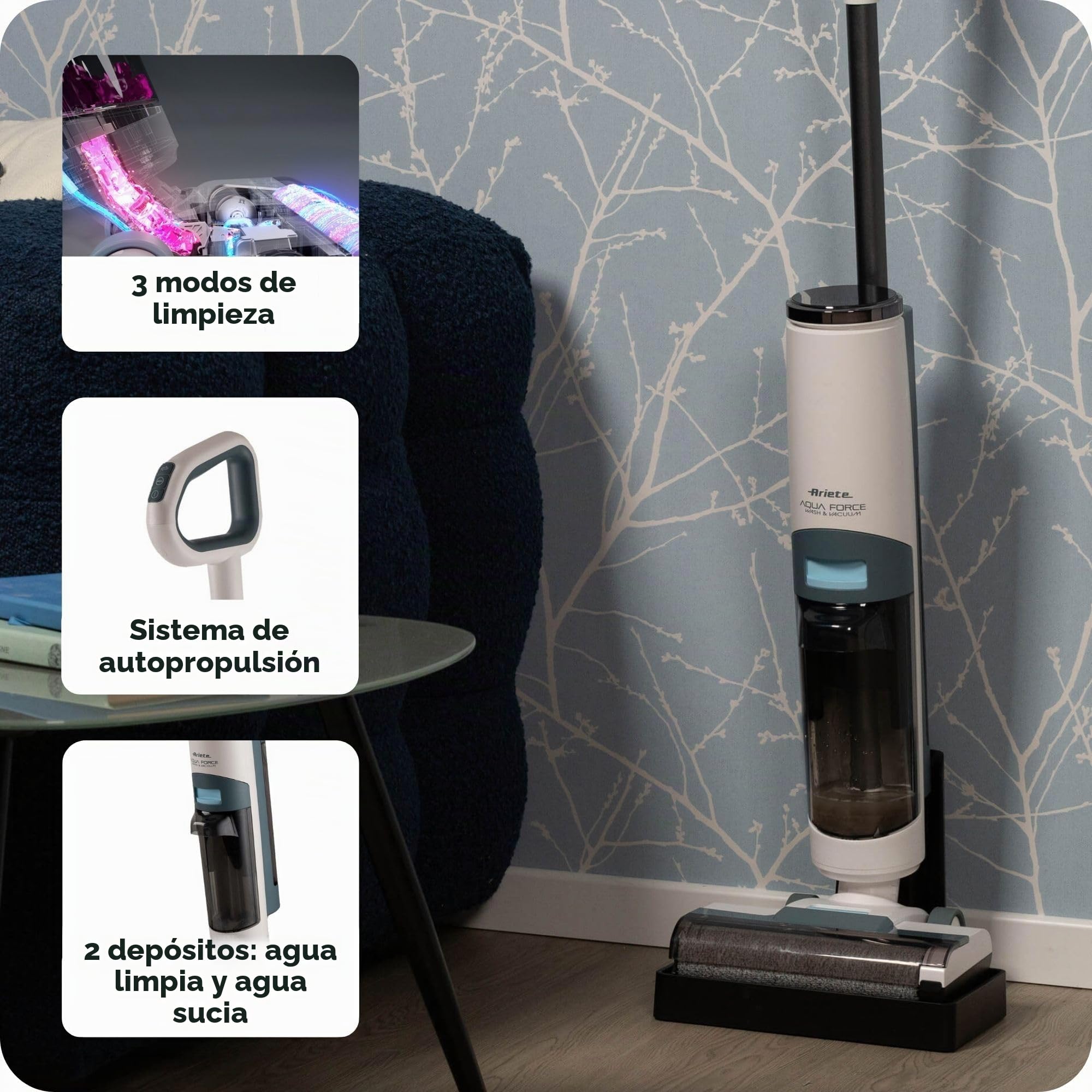 Ariete 2483 Aqua Force Wash & Vacuum, Aspiradora Inteligente, Lavavajillas inalámbrica, Inalámbrico, Succión y Lava, Cerdas de Animales, Venta líquida y Seca, Capacidad 700ml, Accesorios incluidos