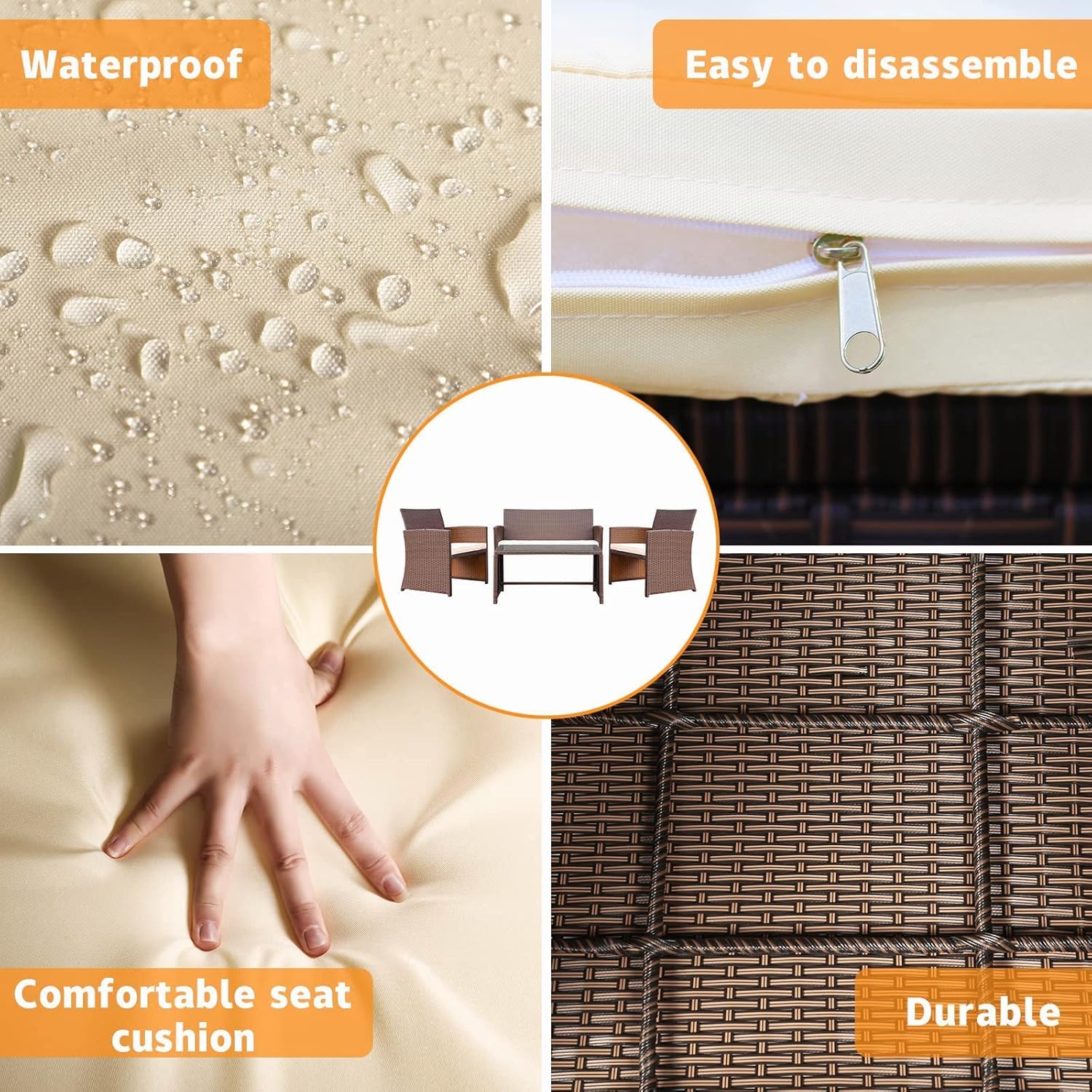 PAOLFOX 4 Pieces Patio Furniture Sets,PE Rattan Outdoor Furniture,Wicker Patio Furniture Sets,Patio Conversation Sets,Balcony Furniture Sets