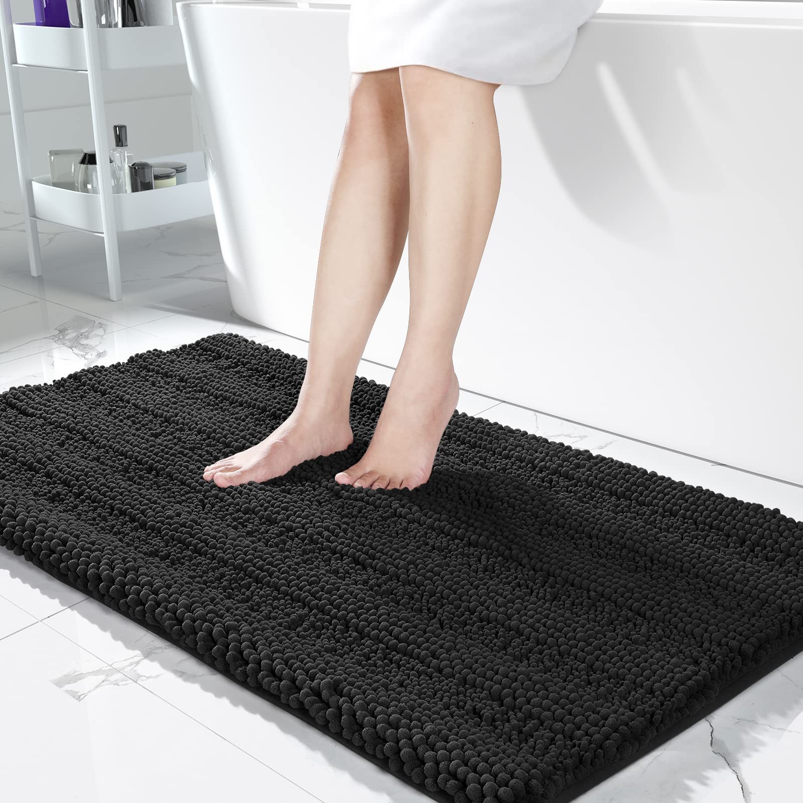 Yimobra Chenille Striped Bathroom Rug Mat, Luxury Extra Thick and Soft Shaggy Microfiber Bath Rugs, Absorbent, Non-Slip, Machine Washable, Plush Bath Mats for Bathroom Floor, 36" x 24", Black