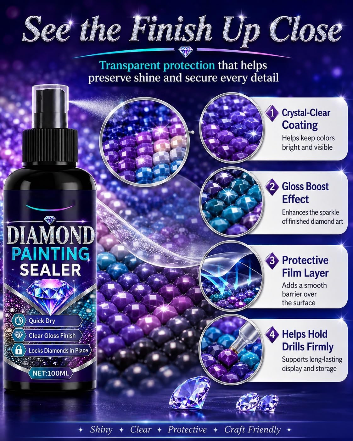 Diamond Painting Sealer Spray, 100ml Quick Dry Gloss Finish Sealant for Diamond Art, Clear Protective Coating to Secure Drills, Craft for Paintings Puzzles DIY Projects Portable Bottle(1pc) image 4