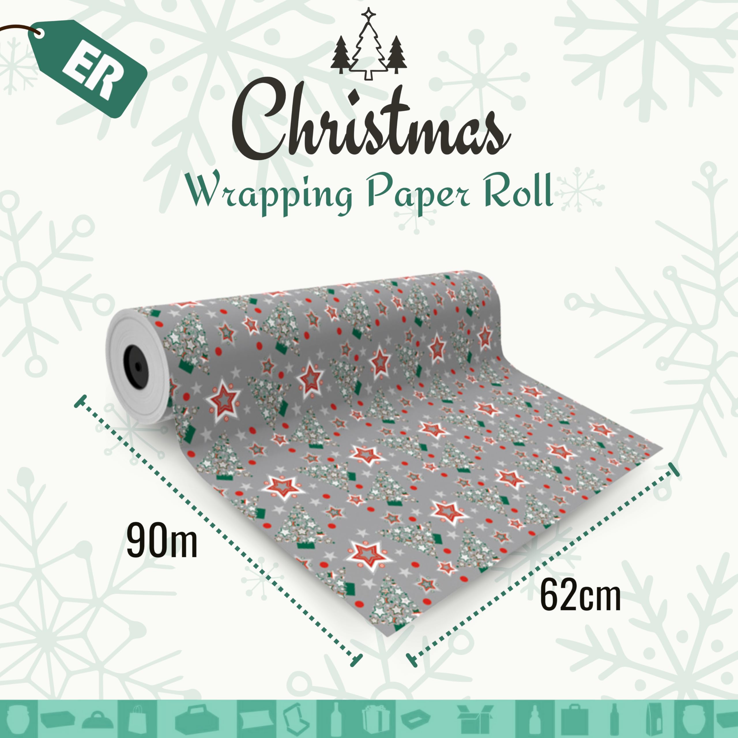 1x papier do pakowania prezentów Christmas Pine Trees Grey 62cmx90m - papier do pakowania na Boże Narodzenie, nadający się do recyklingu