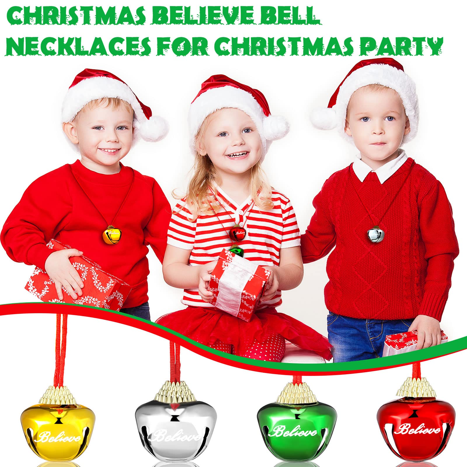 WILLBOND 48 Pcs 1.5 Inch Christmas Bell Necklaces Bulk The Polar Party Favors Believe Bell Ornaments Holiday Classroom Students Gifts Christmas Stocking Stuffers (Classic Color)