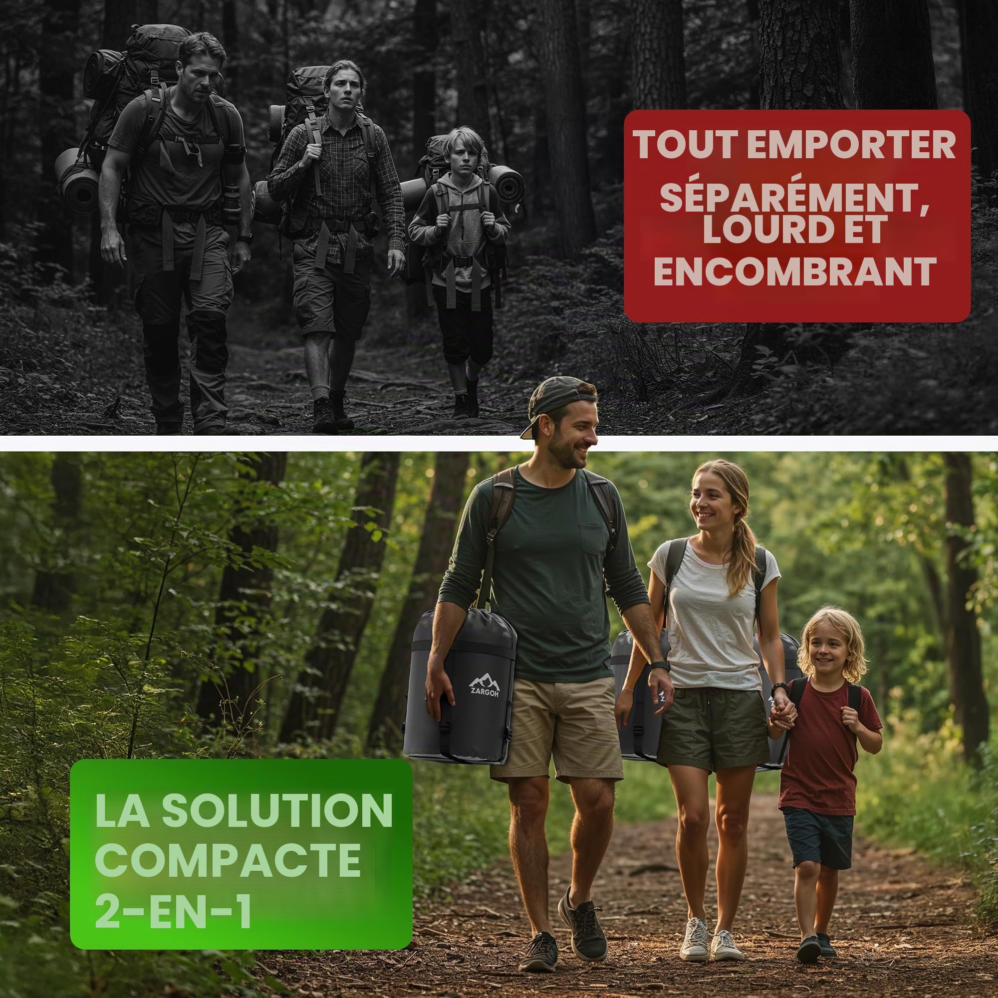 Sac de couchage 2 en 1 avec matelas isolant et pompe à pied - Ultra léger, imperméable, compact - Confort jusqu'à -5 °C - Camping, trekking, festival - 190 × 80 cm