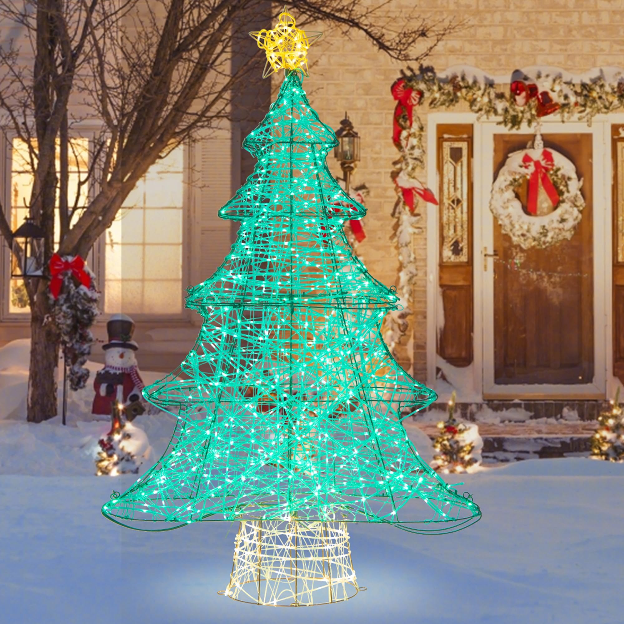 Tangkula 4 FT Lighted Artificial Christmas Tree, Xmas Tree Decor with 520 LED Lights, Top Star, Weatherproof Light String, Indoor Outdoor Light-up Christmas Decoration for Garden Lawn Yard