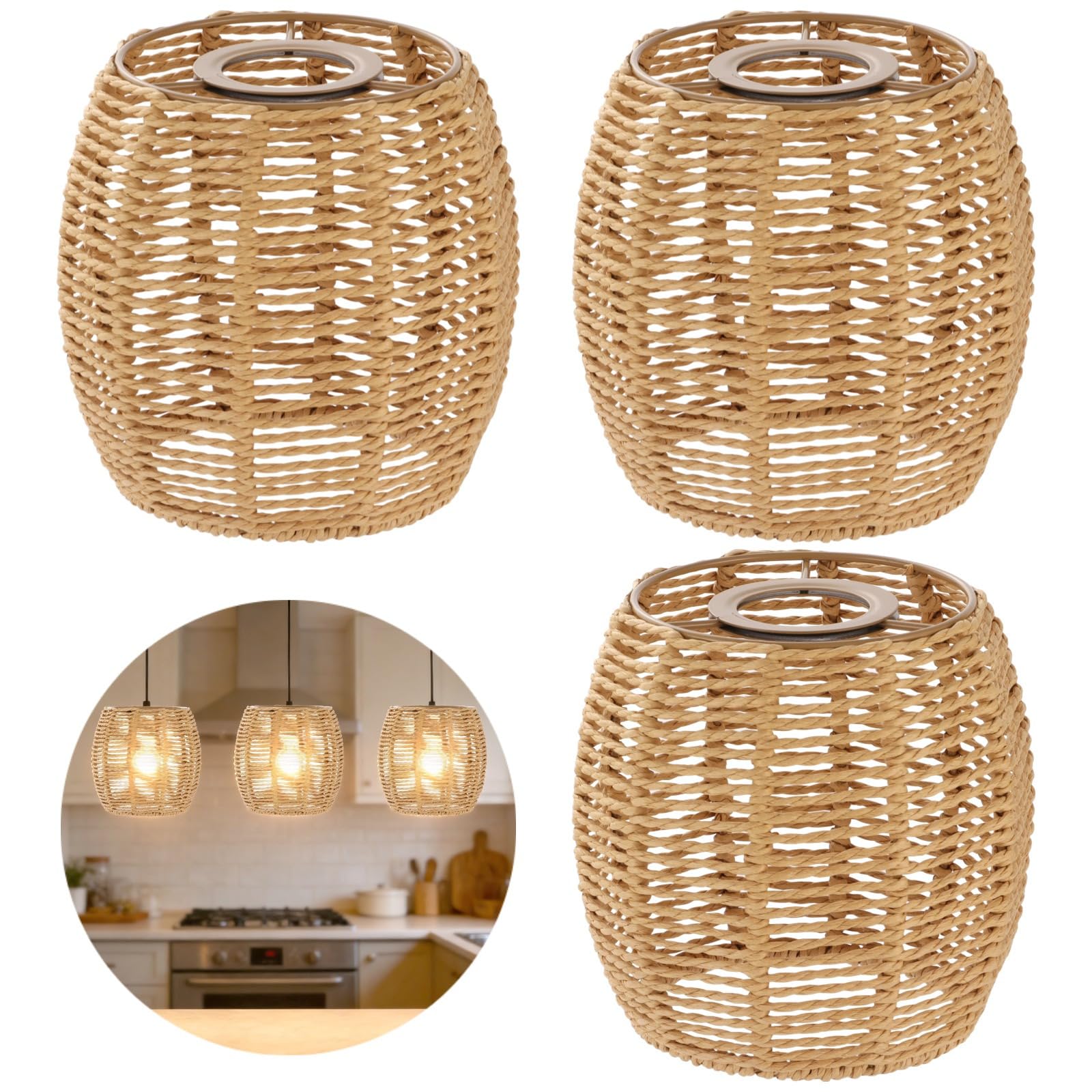3 Pcs Paper Rope Pendant Lamp Shades - 5.5" Dia x 5.9" H Boho Woven Light Shades with Metal Frame in Rustic Brown for Bedroom, Living & Dining Room