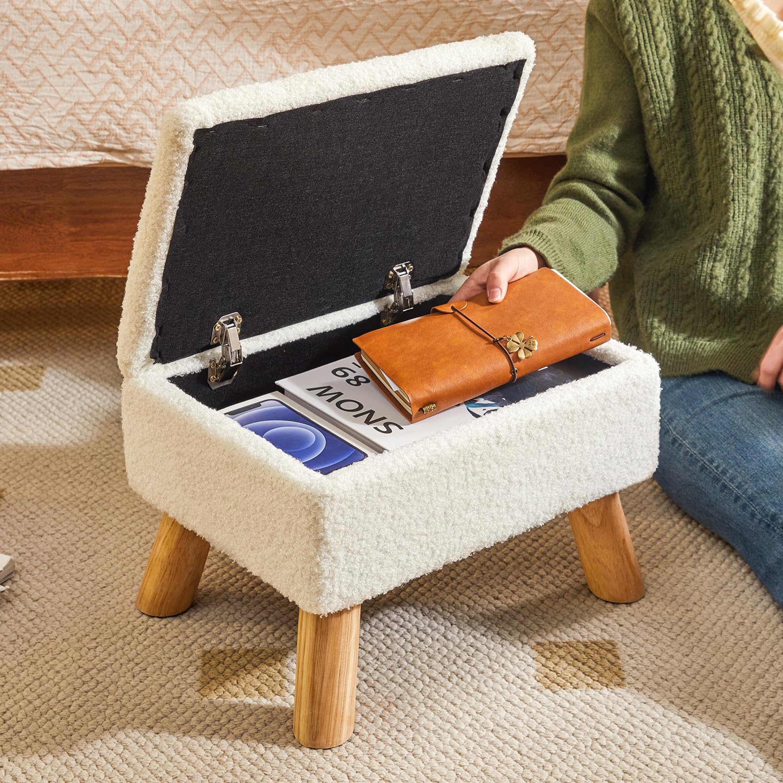 YMYNY Pouf de rangement, repose-pieds avec pieds en bois robustes, repose-pieds avec siège rembourré, pour salon, chambre à coucher, canapé, Enterway - 40 x 30 x 28 cm, blanc HBD042W