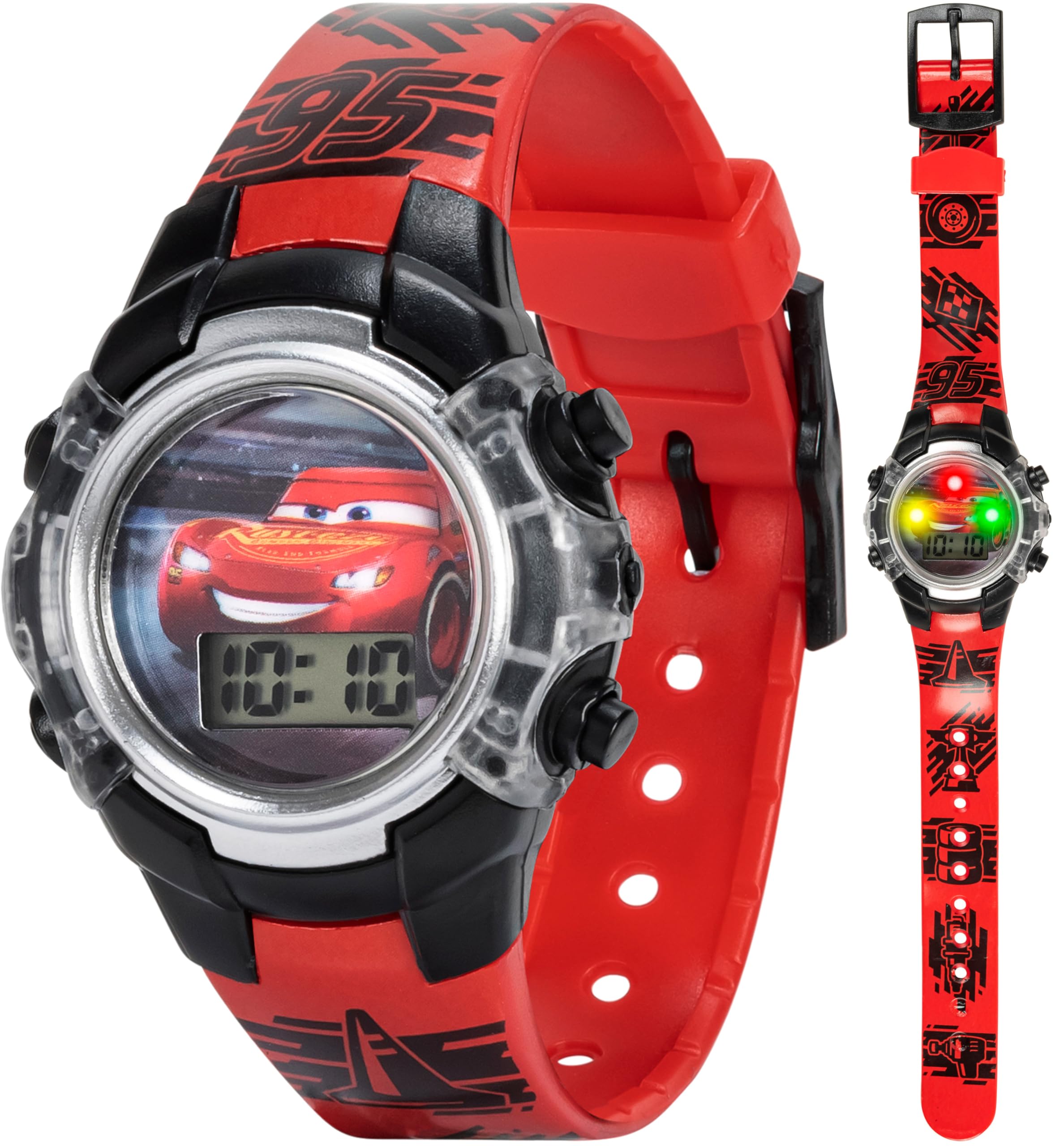 ACCUTIME Disney Pixar Cars Kids Watch – Flashing Dial Lights, LCD Display, Adjustable Plastic Strap – Perfect for Boys and Girls
