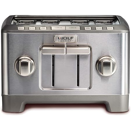 Wolf Gourmet 4-Slice Extra-Wide Slot Toaster with Shade Selector, Bagel and Defrost Settings, Silver Knobs with Black Knob Accessories, Stainless Steel (WGTR124SR)