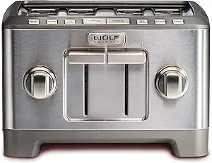 Wolf Gourmet 4-Slice Extra-Wide Slot Toaster with Shade Selector, Bagel and Defrost Settings, Silver Knobs with Black Knob Accessories, Stainless Steel (WGTR124SR)