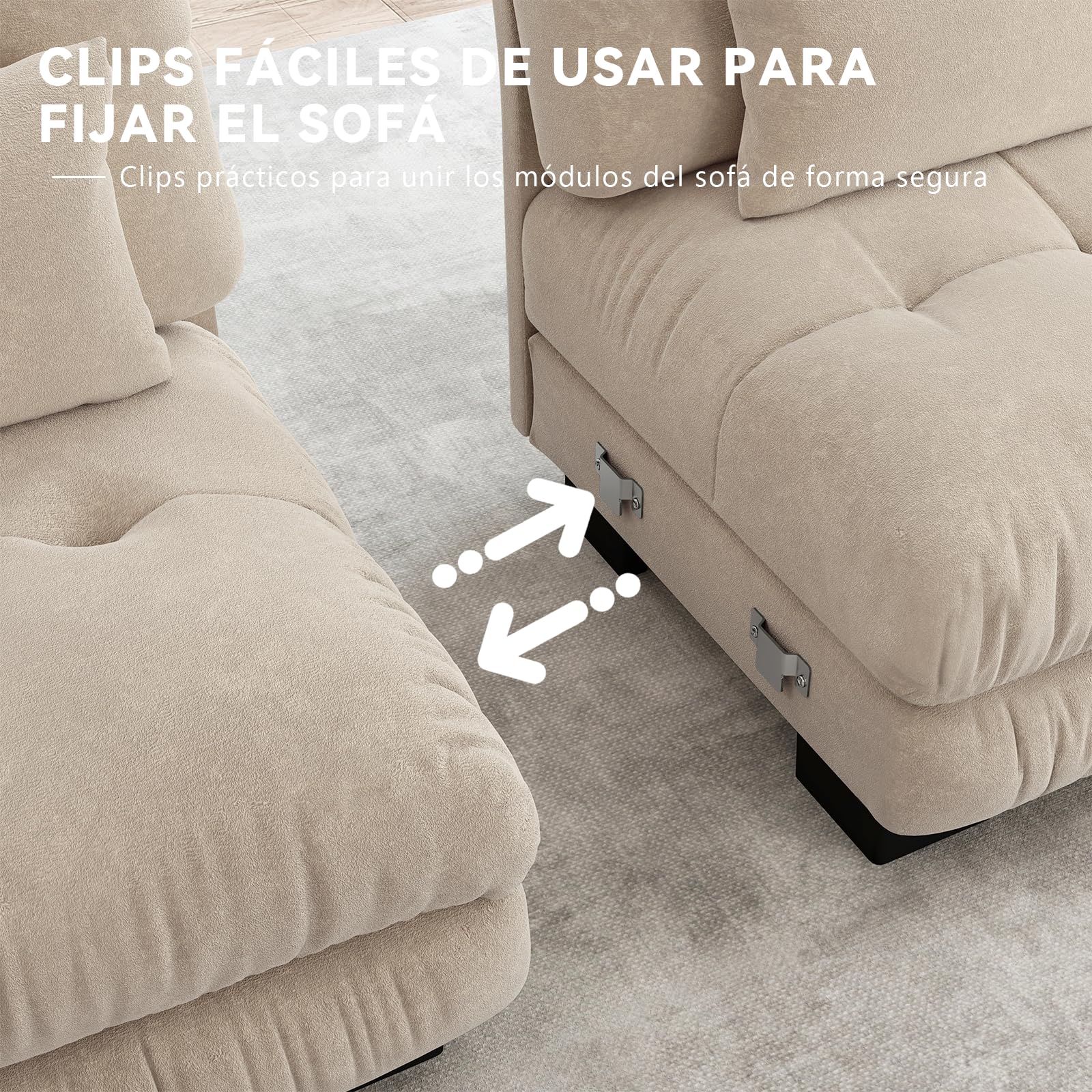 Sofá Modular 3 Plazas 313 cm con 2 Reposapiés, Modular en Forma de U, Tela Chenille, Estructura de Madera, Color Café Claro