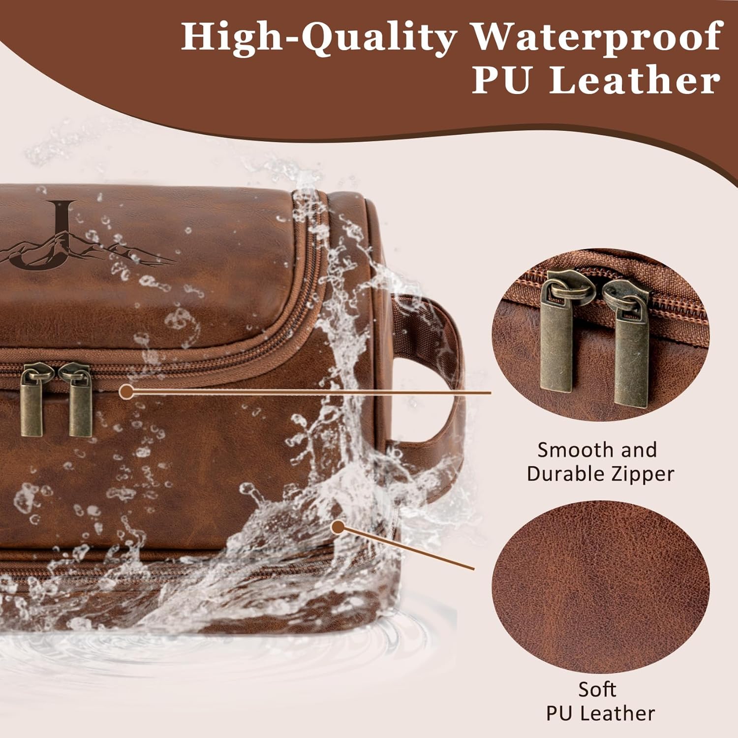 Travel Essentials Accessories Personalized Initial Letter Hanging Toiletry Bag for Men, Waterproof PU Leather Travel Size Toiletries Storage Organizer Shaving Bag for Men Reddish Brown R
