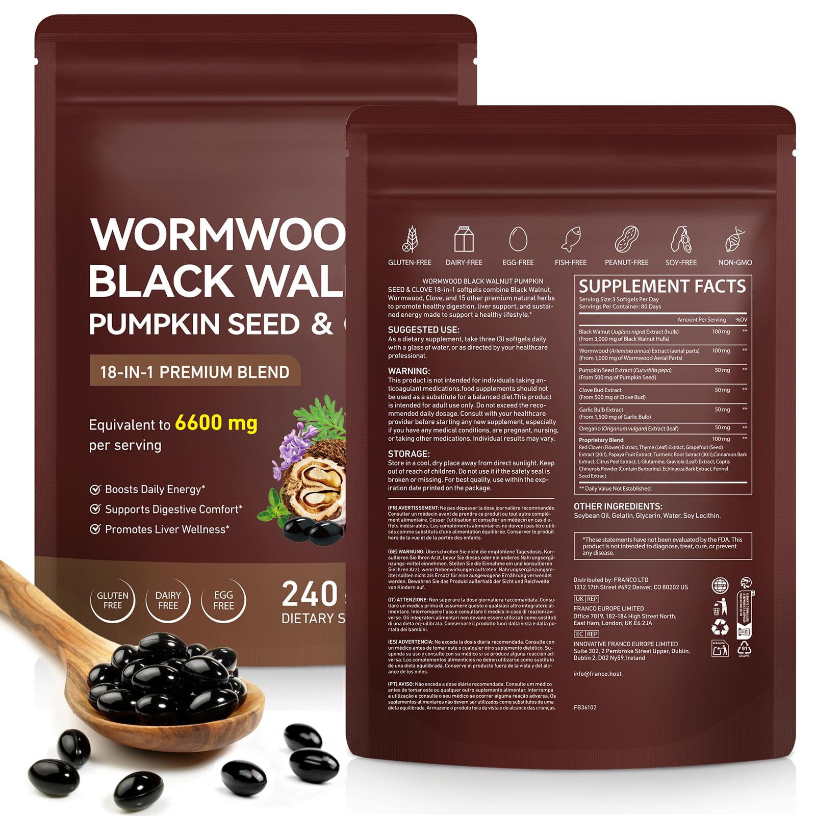 Wormwood Black Walnut Clove Cleanse For Humans, Powerful 18-in-1 Herbal Complex for Intestinal & Digestive Balance, with Pumpkin Seed, Turmeric, Garlic, Oregano & Berberine –80 Day Supply,240 Softgels 240 Count (Pack of 1)