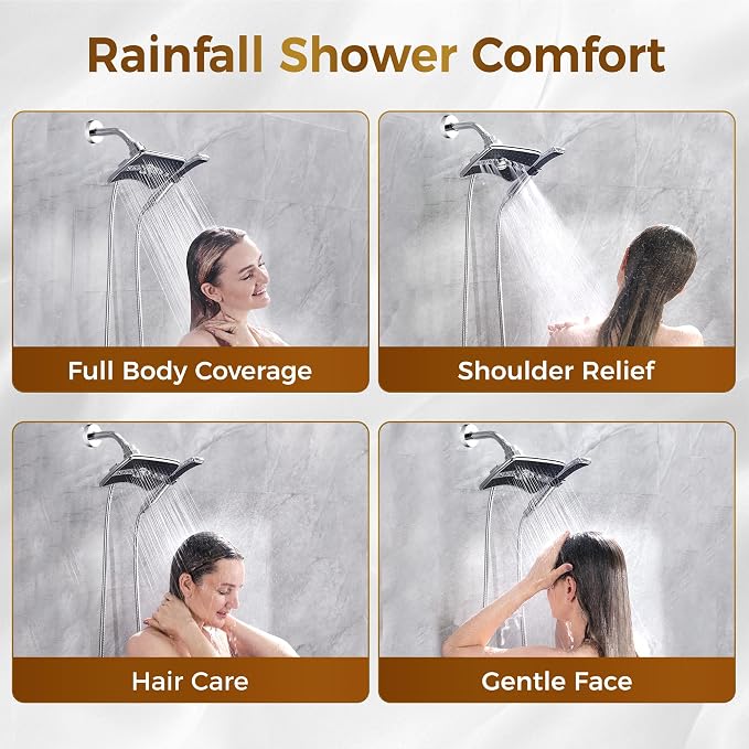 Sistema de ducha dual BRIGHT SHOWERS con ducha de lluvia y ducha de mano, juego de grifería para ducha con válvula y kit de revestimiento, incluye manguera de acero inoxidable de 200 cm, cromado miniatura 4