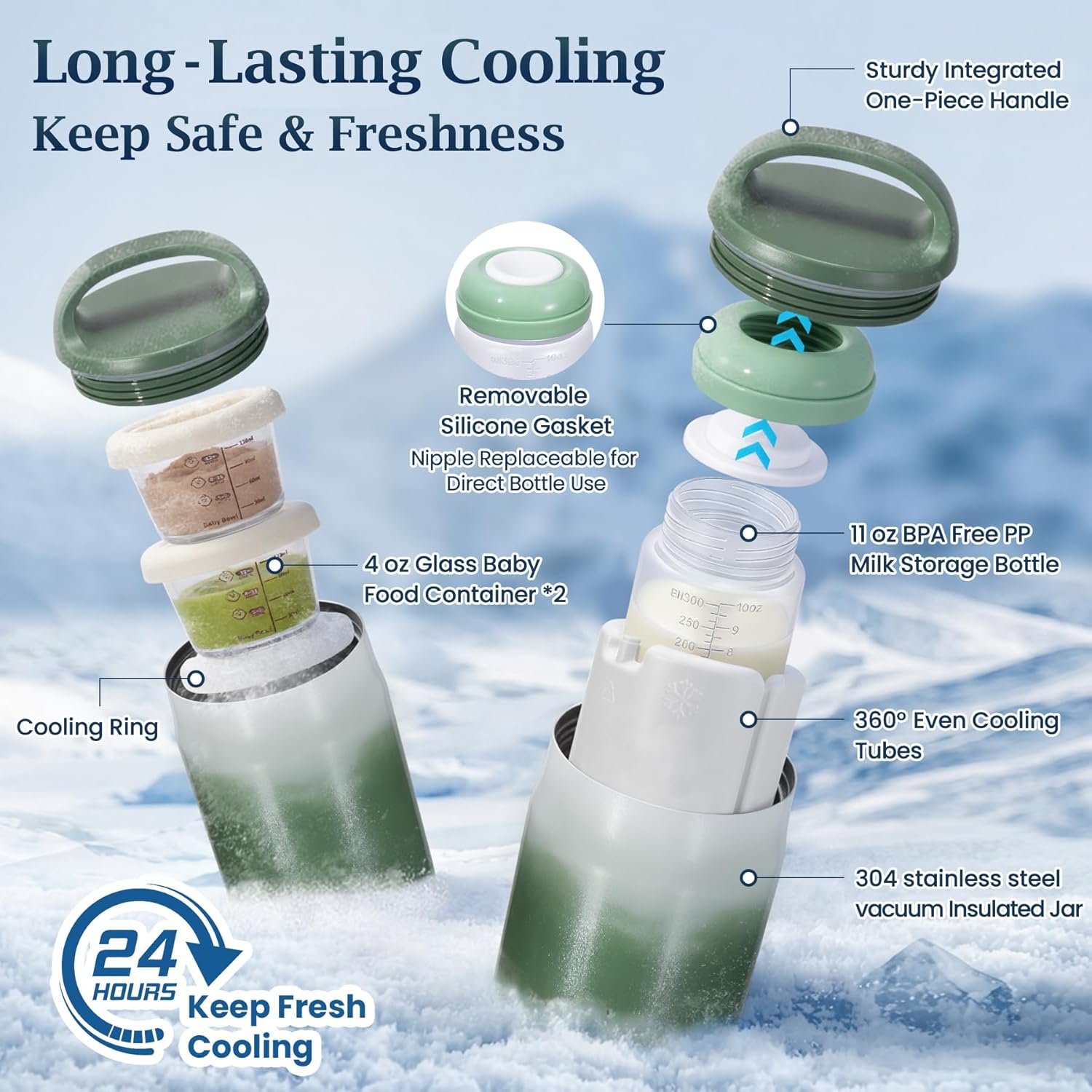 3-in-1 Breast Milk Cooler for 24H 360° Cooling, 11oz Breastmilk Chiller with Bottle & 8oz Baby Food Containers & 27oz Insulated Food Jar, Fits from Baby to Adult for Outdoor, Work & Travel - Green