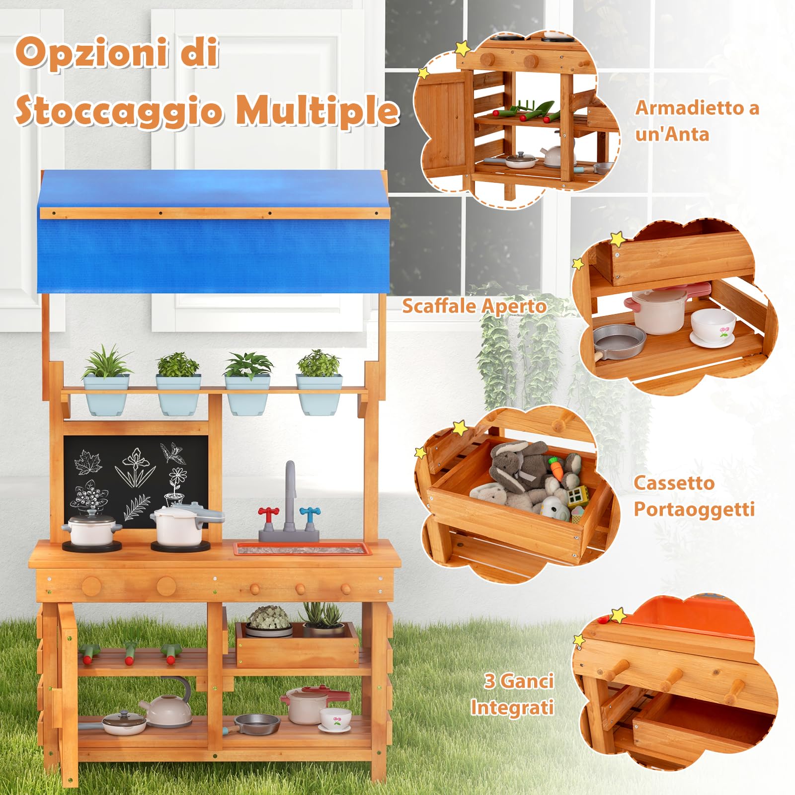 GYMAX Banco da Giardinaggio per Bambini, Cucina da Gioco in Legno con Tetto Regolabile, Lavello, 4 Vasi, Ripiano e Cassetto, Lavagna, Banco da Lavoro per Piantare, 136x77x56.5cm