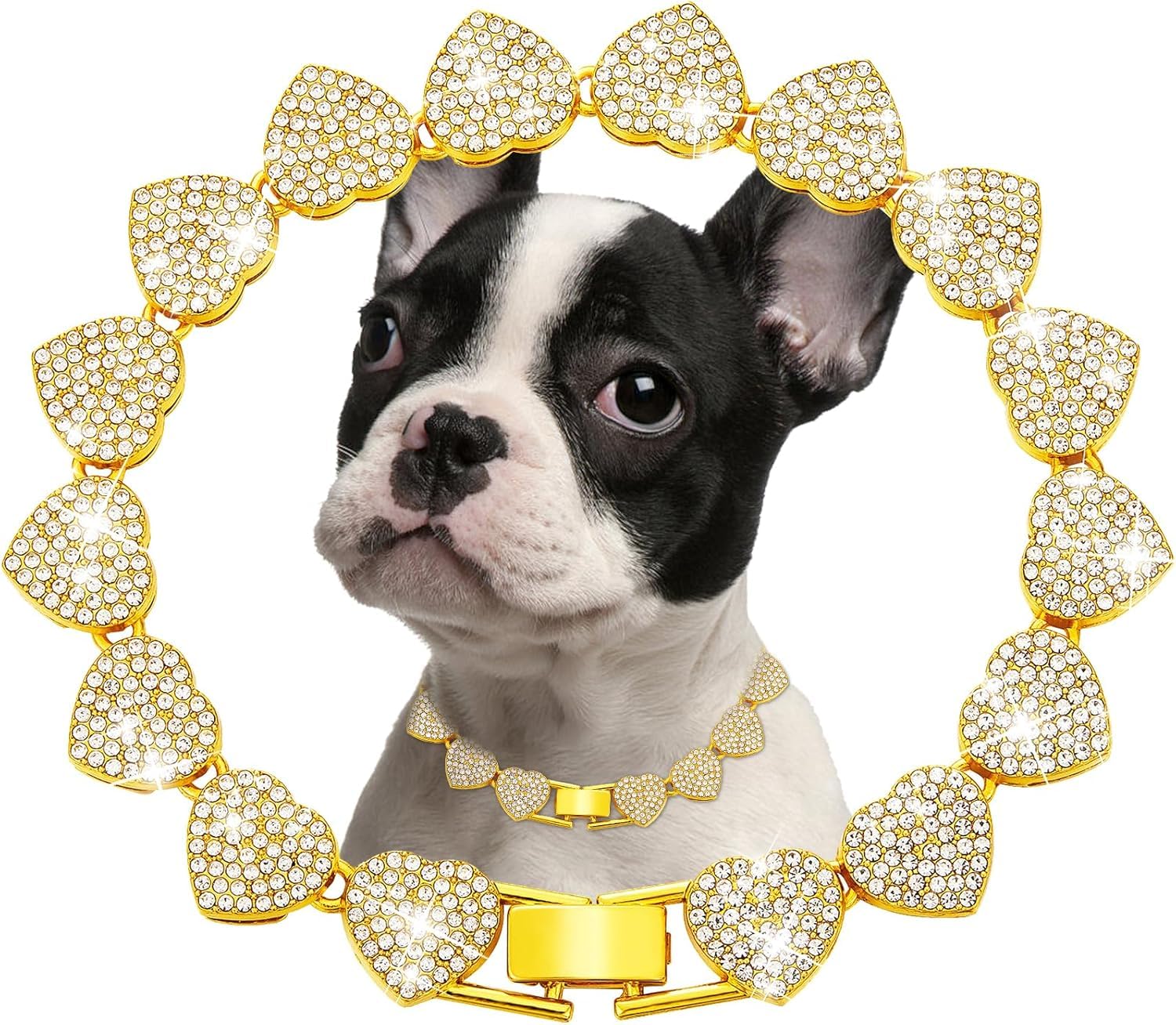haoyueer Dog Chain Collar, Heart Style Bling Diamond Cuban Link Dog Collars Glitter Chain Rhinestone Puppy Necklace for for XXS XS Small Medium Pet Dogs Cats (Gold, 20 Inch)