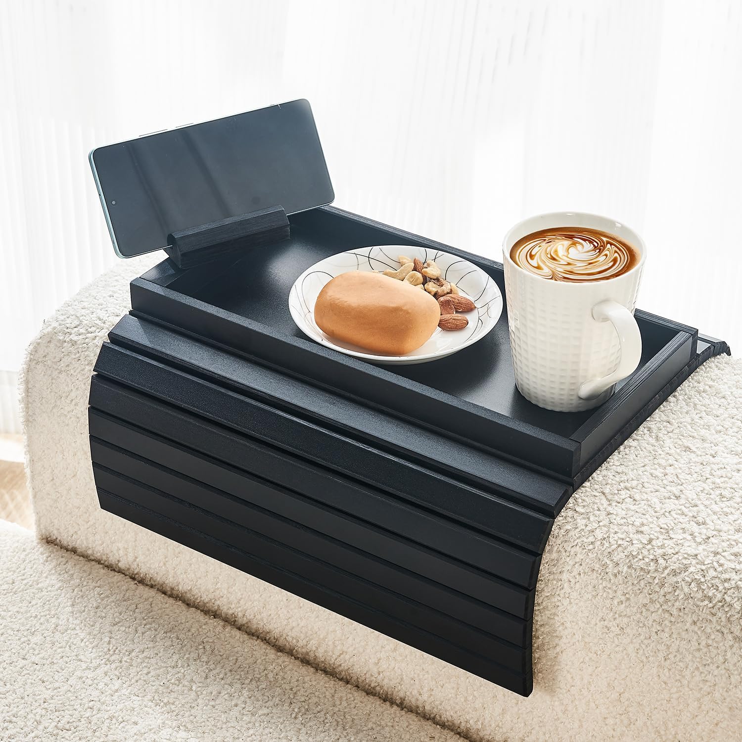 Bamboo Sofa Arm Tray, Anti Falling Couch Arm Tray Table, Foldable Couch Armrest Table, Portable Sofa Armrest Trays Cup Holder for Drink, Cups, Phone, Snacks, Remote