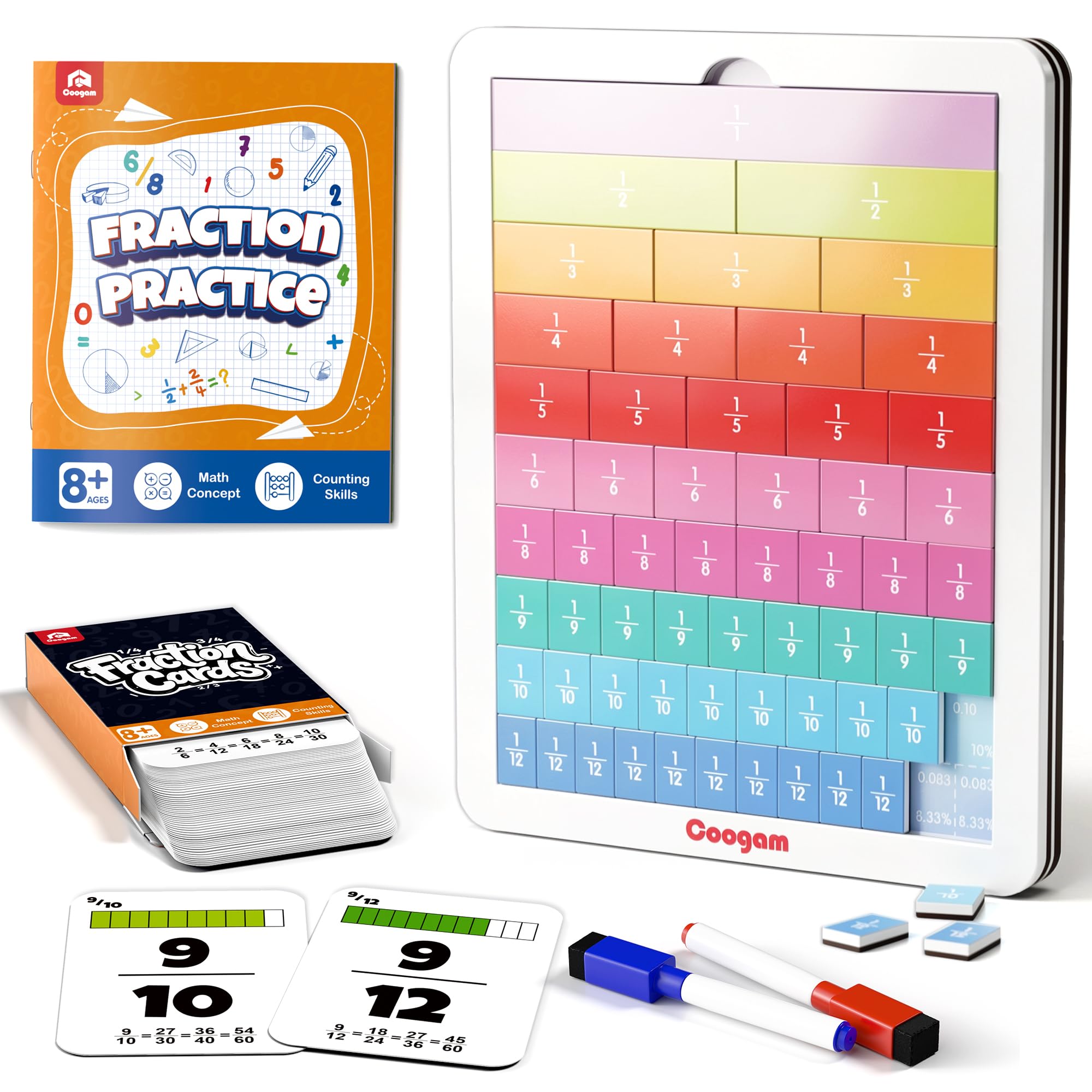 Coogam Magnetische Bruchstreifen – Montessori Mathe-Spielzeug zum Bruchrechnen Lernen & Üben, Lernspiele für zu Hause und die Schule, für die 2. bis 5. Klasse