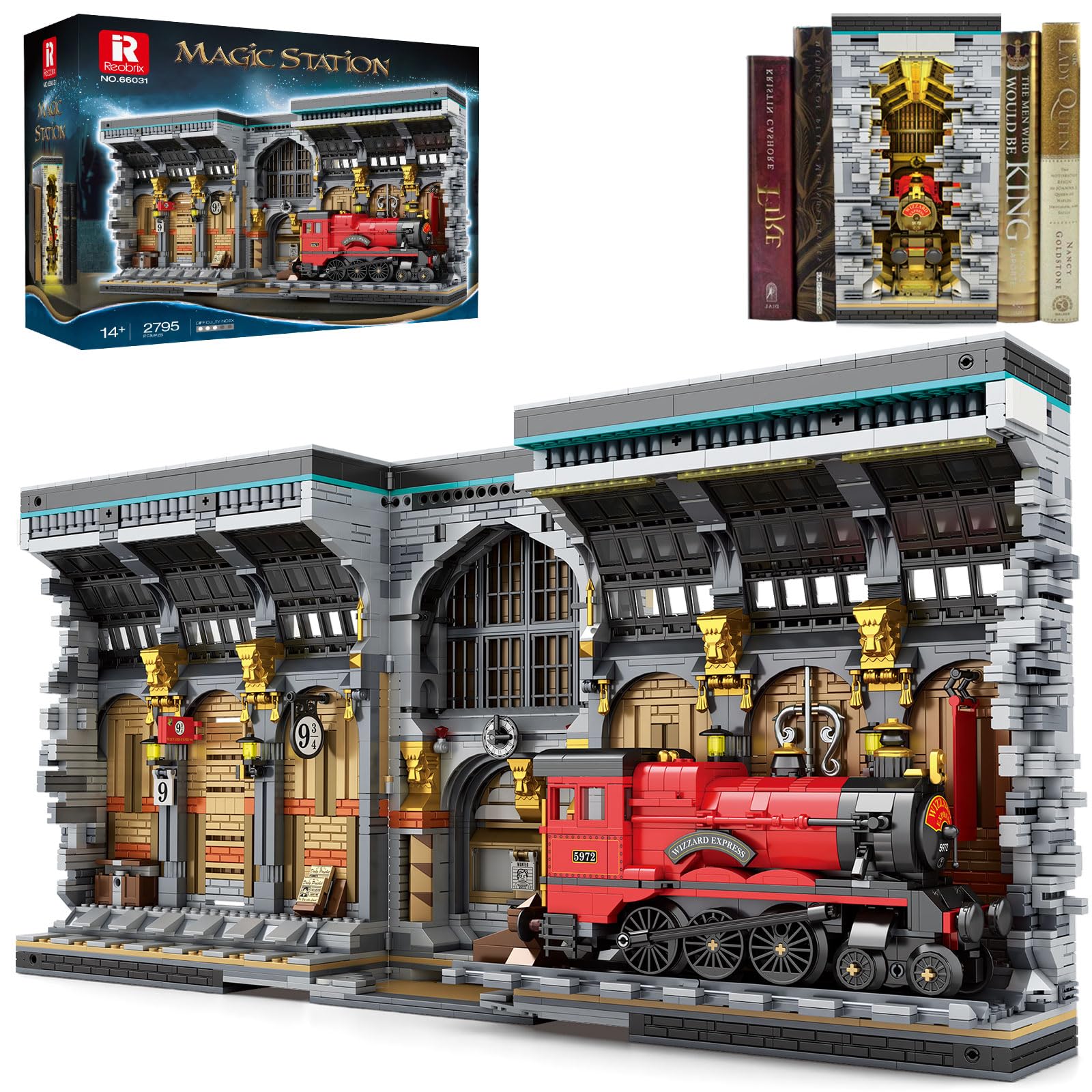 Reobrix Magic Train Booknook Building Set with Lights, Creative Harry Train Station Bookends Building Kit 66031, Book Nook Locomotive Decor Toy Gift for Adults Boys Girls 14+ (2795PCS)