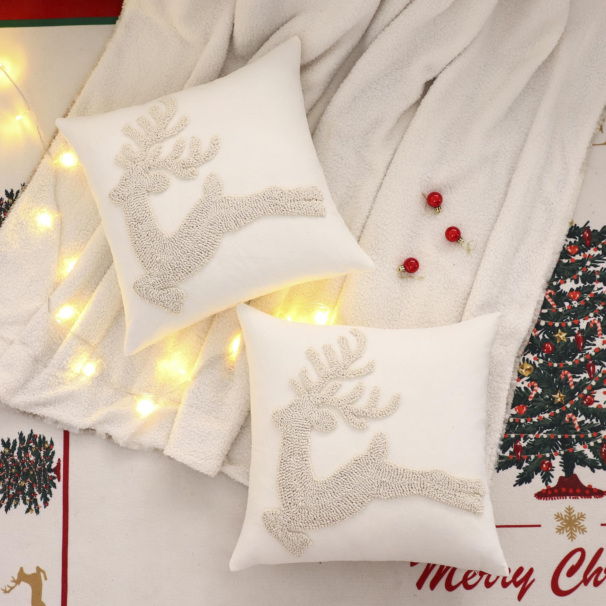 Tosleo Set of 2 Christmas Pillow Covers 18 x 18 inch Beige Christmas Deer Tufted Throw Pillow Covers Christmas Party Decor Winter Holiday Embroidery Cushion Case for Sofa Couch Bed Living Room - Image 3