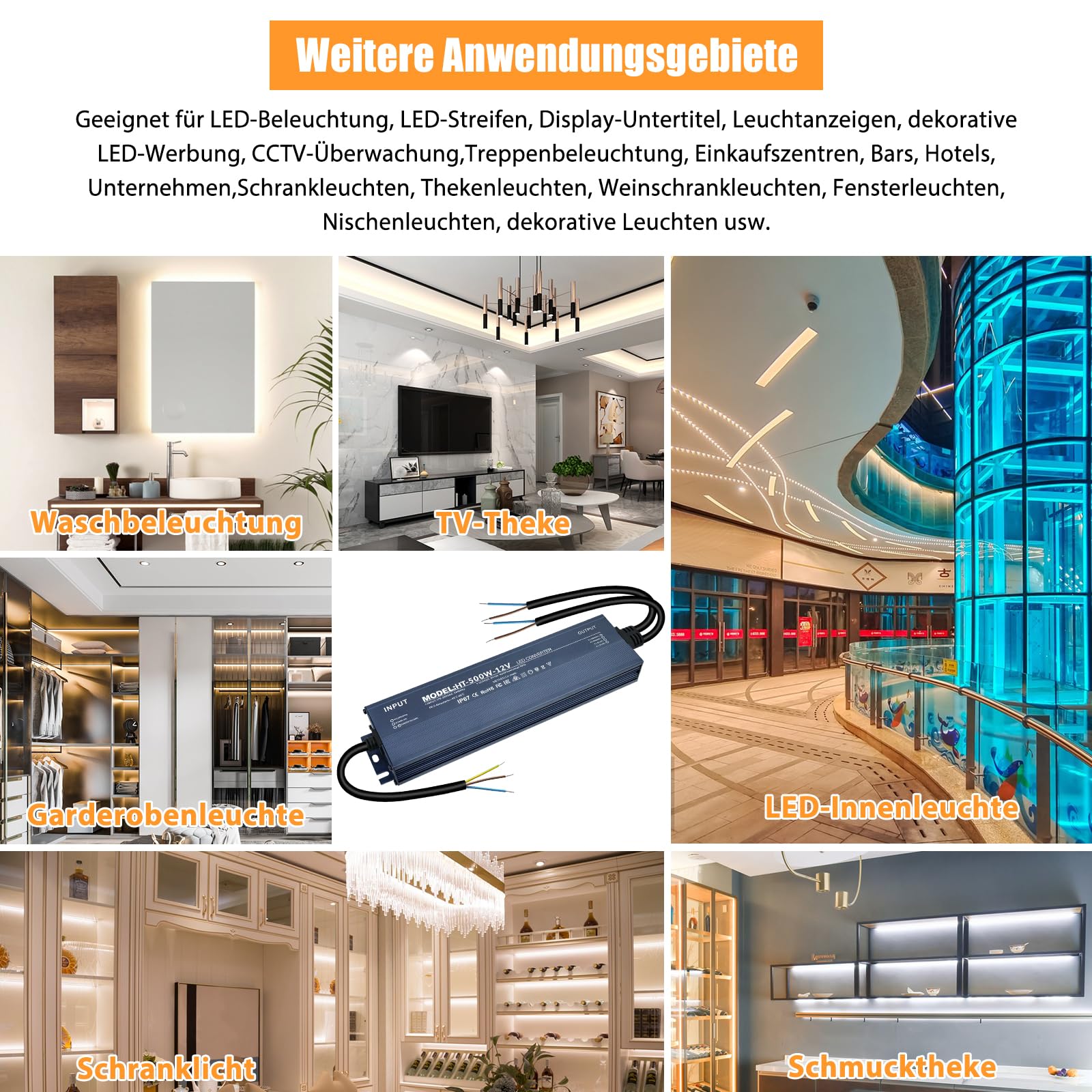 Trasformatore LED 12V 500W, Alimentatore 12v 42A, Driver LED AC a DC | 500W Trasformatore 220V 12v, Impermeabile IP67, Senza Sfarfallio, Nessun rumore, per G4, GU5.3, MR11, MR16, Non dimmerabile