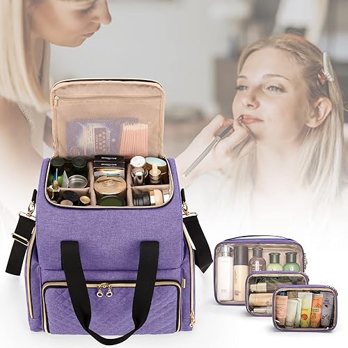 Vista 8 de LUXJA Bolsa de maquillaje de viaje grande con 3 fundas extraíbles, Púrpura