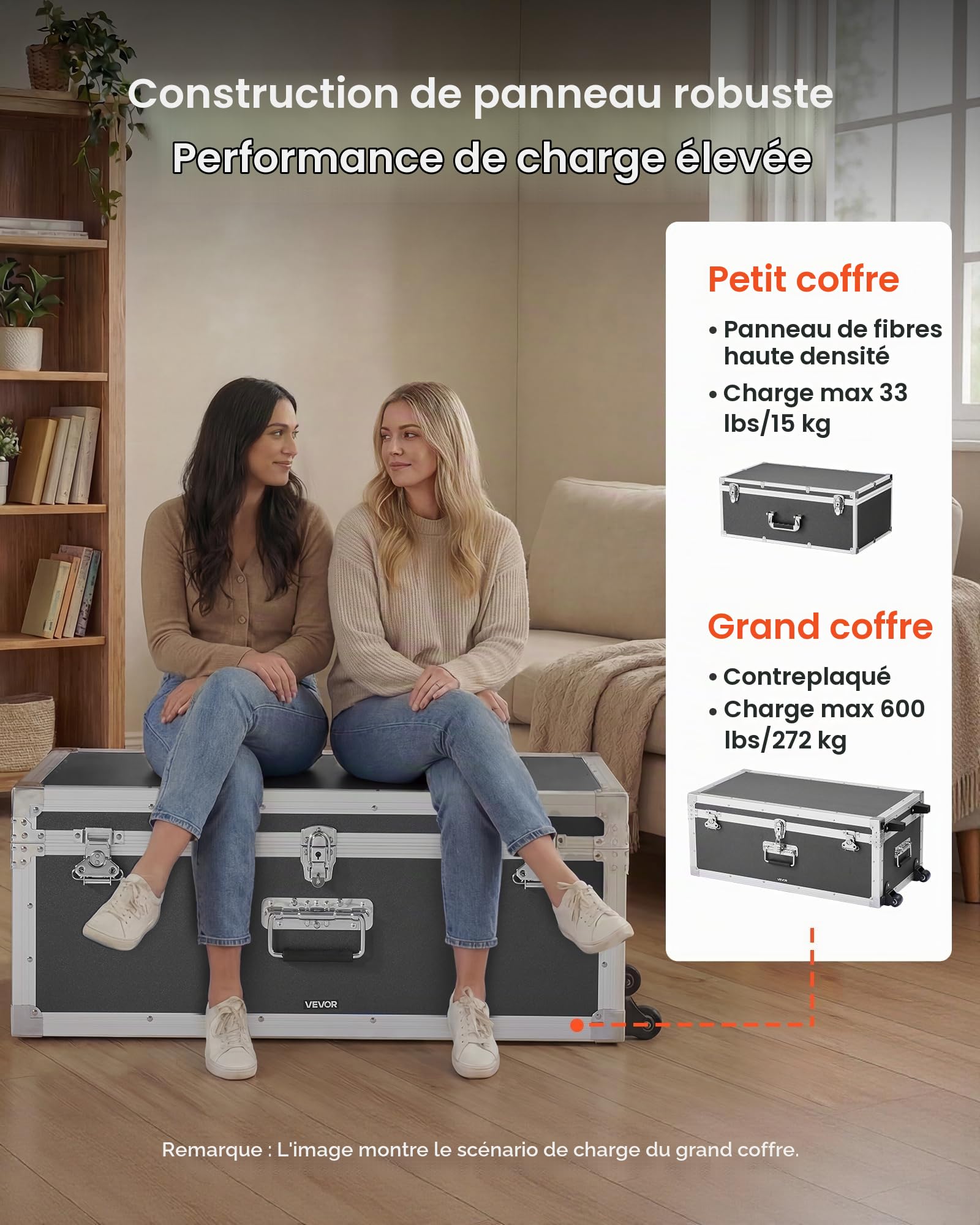 VEVOR Lot de 2 Caisses de Transport, Coffre de Rangement à Roulettes avec 3 Poignées Métalliques, Valises pour Déménagement, Voyage, Stockage d'Outils, Cadre en Métal et Cadenas à Combinaison, Grises