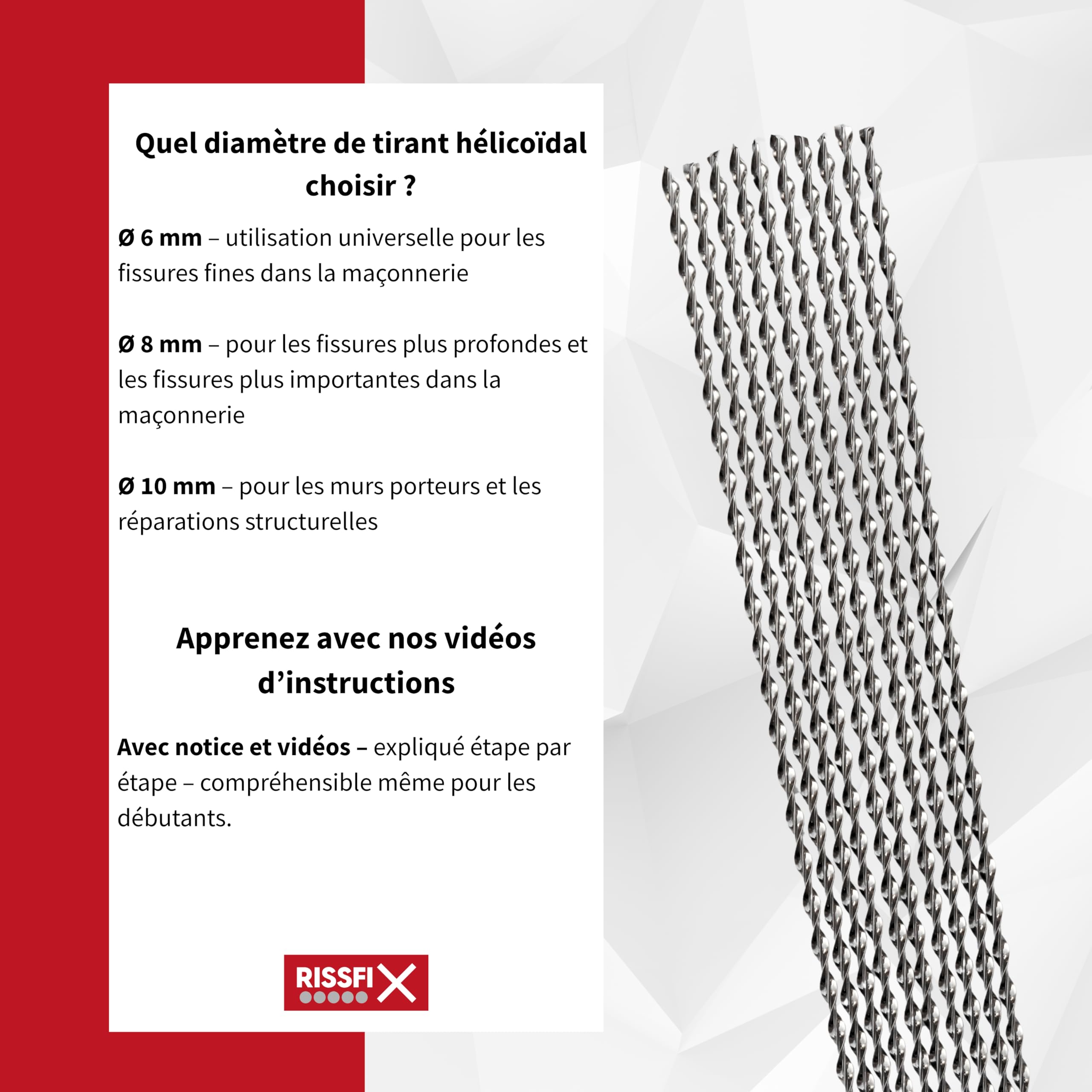 Kit réparation fissure mur – agrafes hélicoïdales (10 barres de 1 m) + mortier spécial réparation fissures + accessoires (⌀ 10 mm)