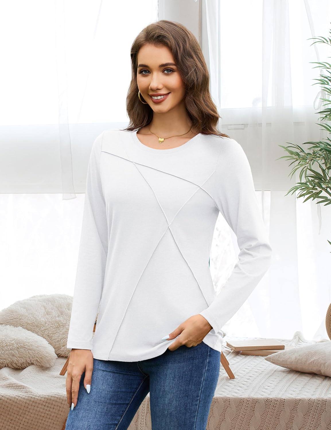 YUCOLEN Womens Long Sleeve Shirts Pleated Crew Neck Fall Trendy Tops Lightweight Tshirt for Women Casual - Image 6