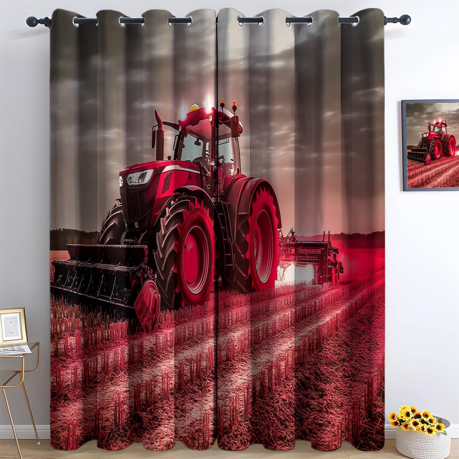 Rideaux occultants thermiques tracteur rouge isolants opaques grand salon chambre enfant oeillets