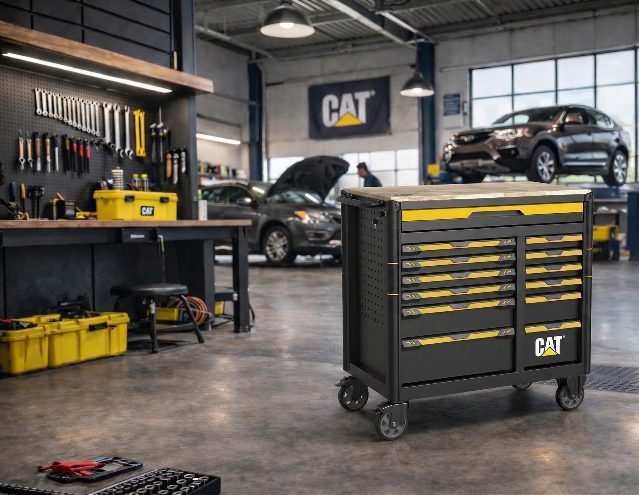 CAT Werkstattwagen bestückt mit Werkzeug 13 Schubladen 10 gefüllt Holz Arbeitsplatte KFZ Werkzeugkasten abschließbar mobiler Werkzeugschrank mit Rollen