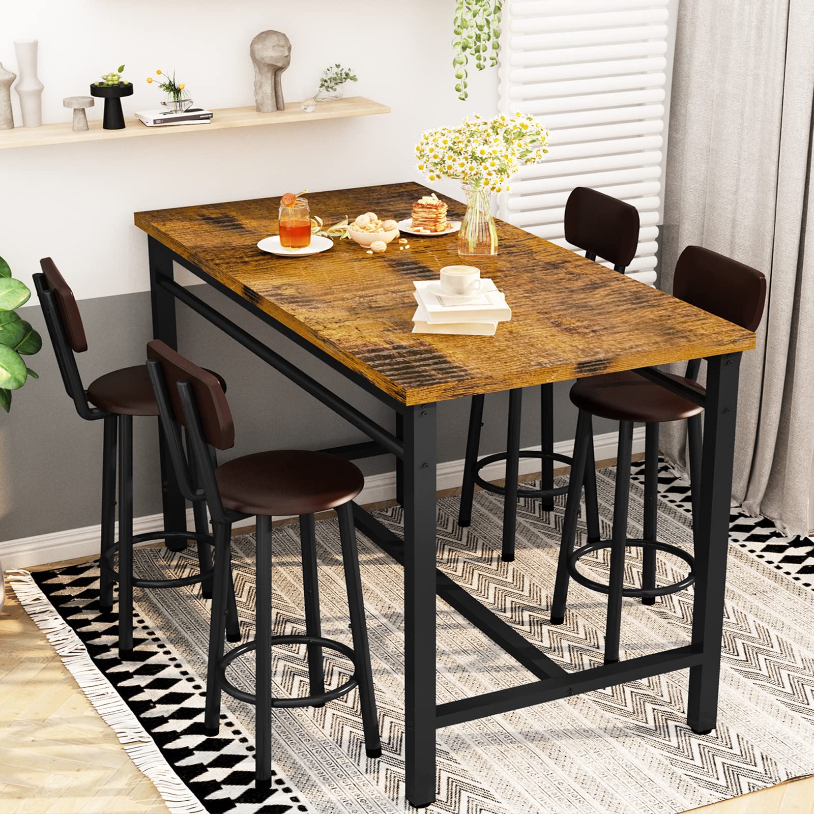 Recaceik Dining Table Set for 4 Bar Kitchen Table and Chairs for 4, Counter Height Dinner Table with 4 PU Leather Upholstered Backrest Stool, Dining Room Breakfast Table Set for Apartment