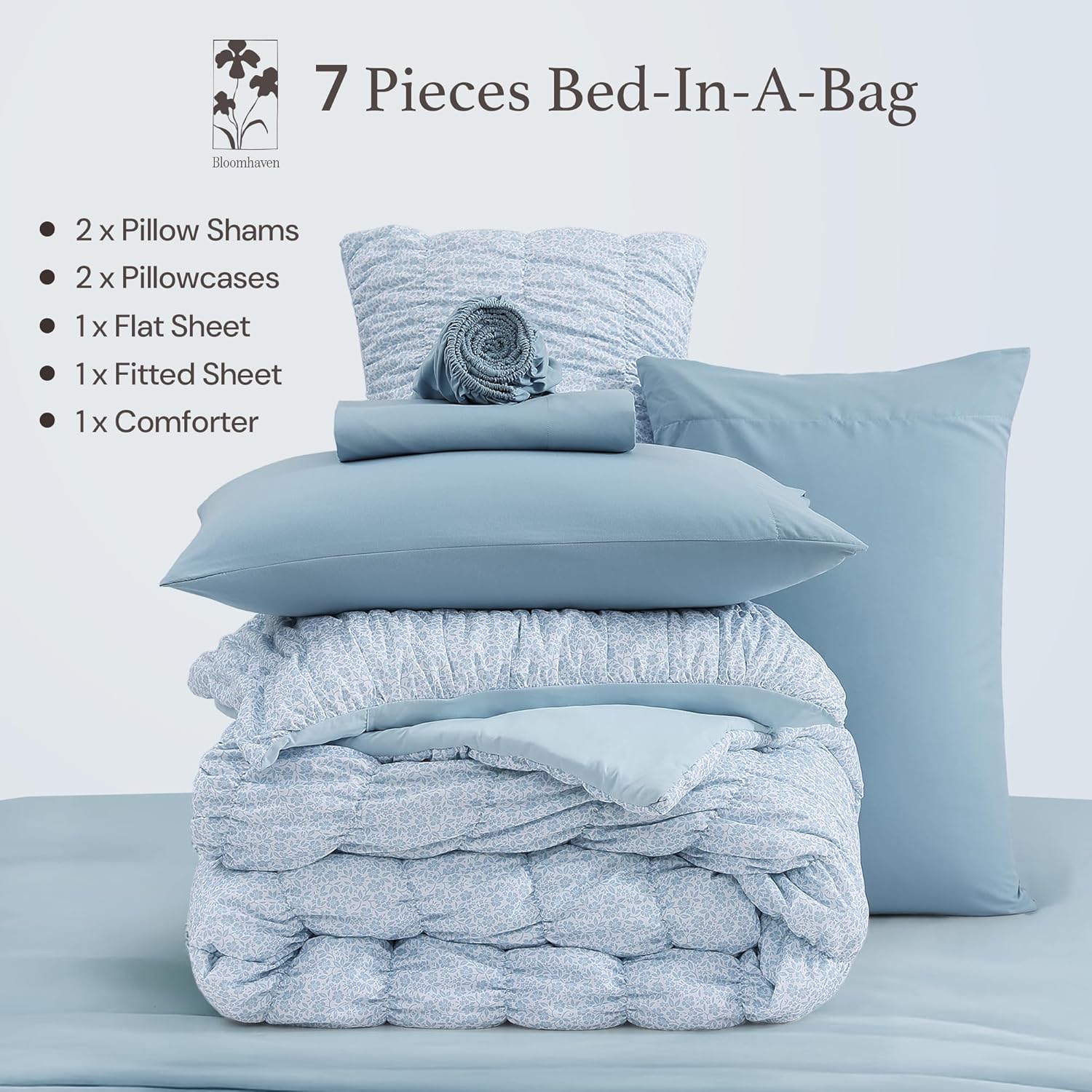 Queen Comforter Set - 7 Pieces Blue Classic Puff Floral Bedding Sets for All Seasons, Shabby Chic Farmhouse Bed in a Bag Queen with Wildflowers Fluffy Comforter, Sheets, Pillowcases & Shams - Image 8