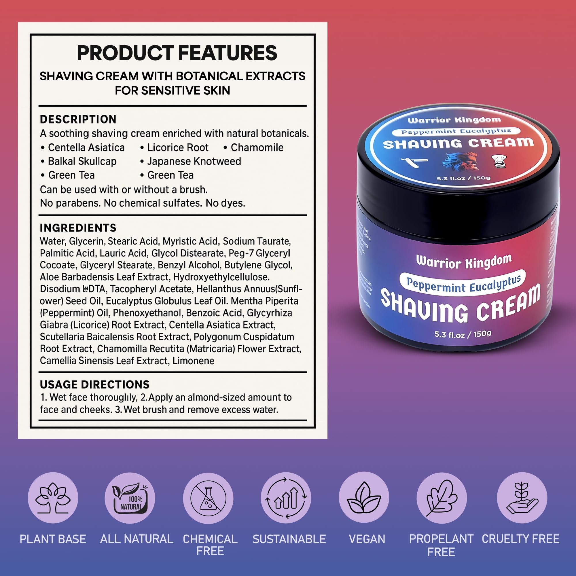 Warrior Kingdom Crema de afeitar - Eucalipto de menta. Aroma refrescante. Espuma cremosa rica para el afeitado más suave. Para cara, cabeza y cuerpo. Fórmula suave, no irritante para todo tipo de piel 8