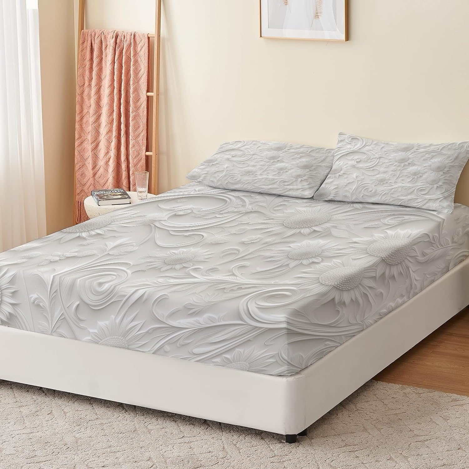 Lenzuolo con angoli profondi stampato con piccoli fiori bianchi con angoli stampati 3 pezzi con 2 federe Lenzuola in tessuto microfibra spazzolato extra morbido bianco, 160 x 200 + 30 CM