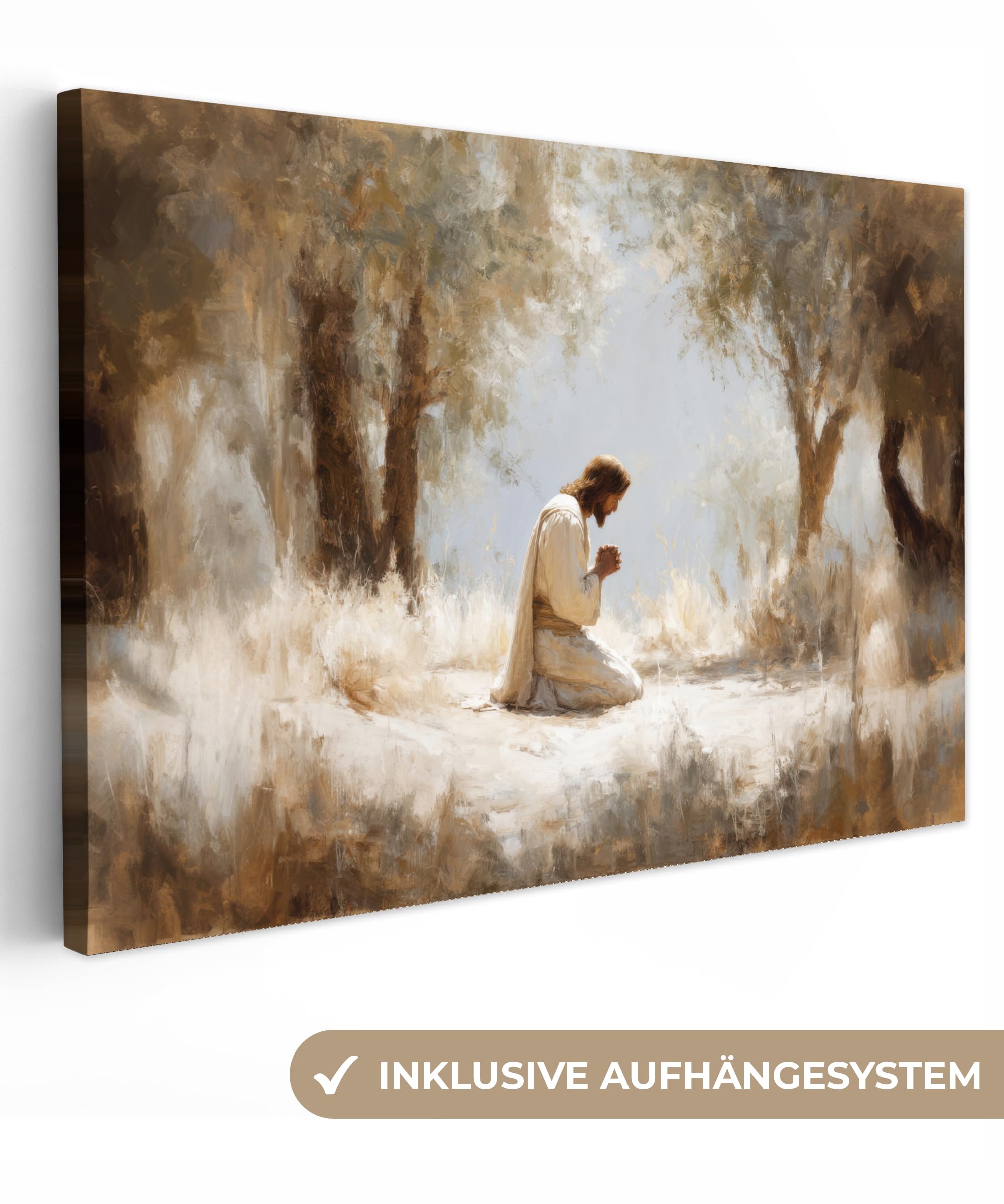 Gartenbilder 150x100 cm Wetterfeste Leinwand Outdoor Bild Terrasse Deko Balkon Wetterfest Gartenposter Foto Geschenk Draußen Jesus - Kniend - Waldlandschaft - Betend