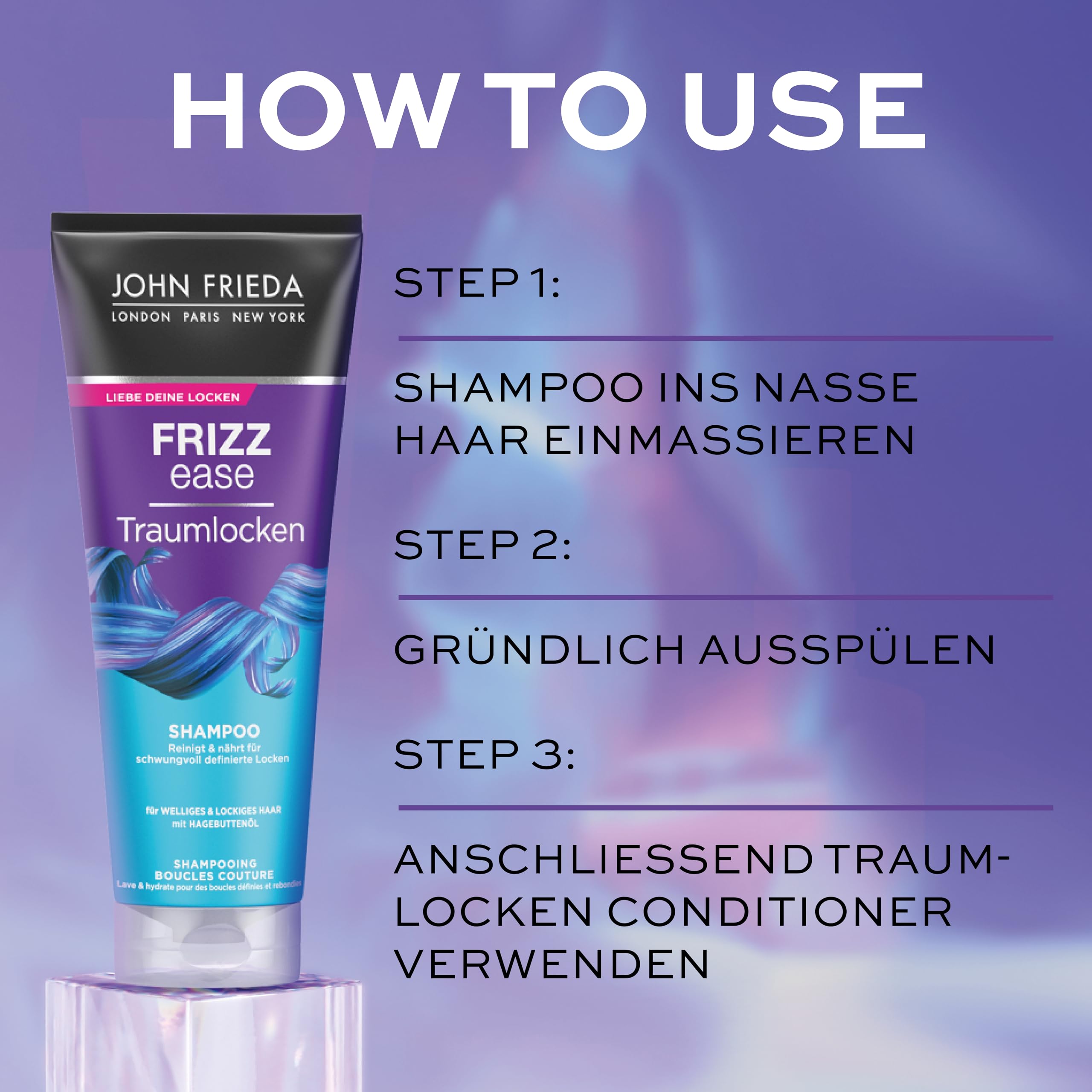 John Frieda Traumlocks zestaw korzyści do kręconych włosów – szampon, odżywka, spray do stylizacji i maska na oczy MegRhythm gratis – do zamachu i włosów – nawilża włosy