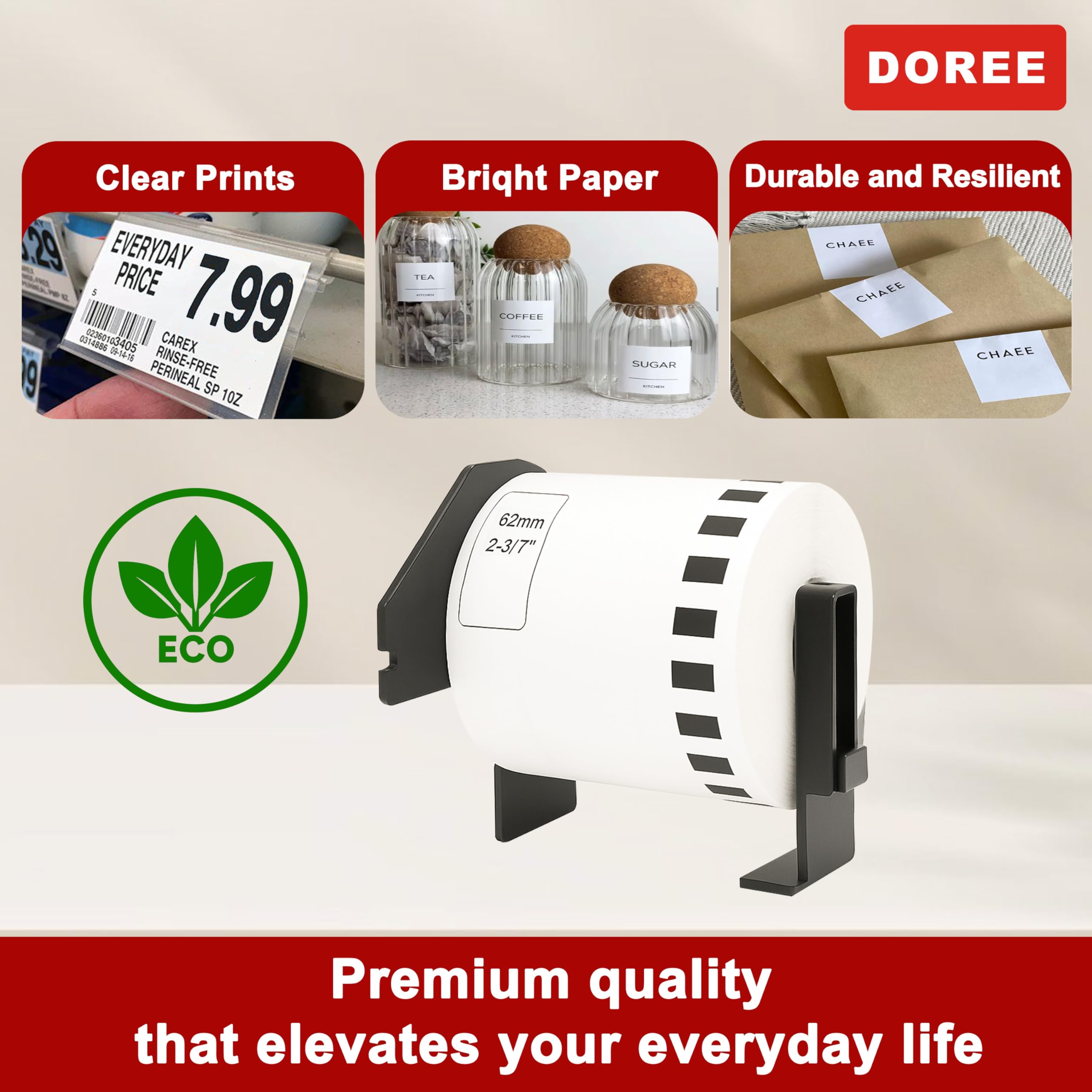 DOREE 64 Rollen DK-22205 Endlosetiketten, Kompatibel mit Brother DK-22205, 62mm × 30,48m, Schwarz auf Weiß für Brother Etikettendrucker : QL-500,QL-550,QL-570,QL-700,QL-800,QL-810W,QL-1060N,QL-1100