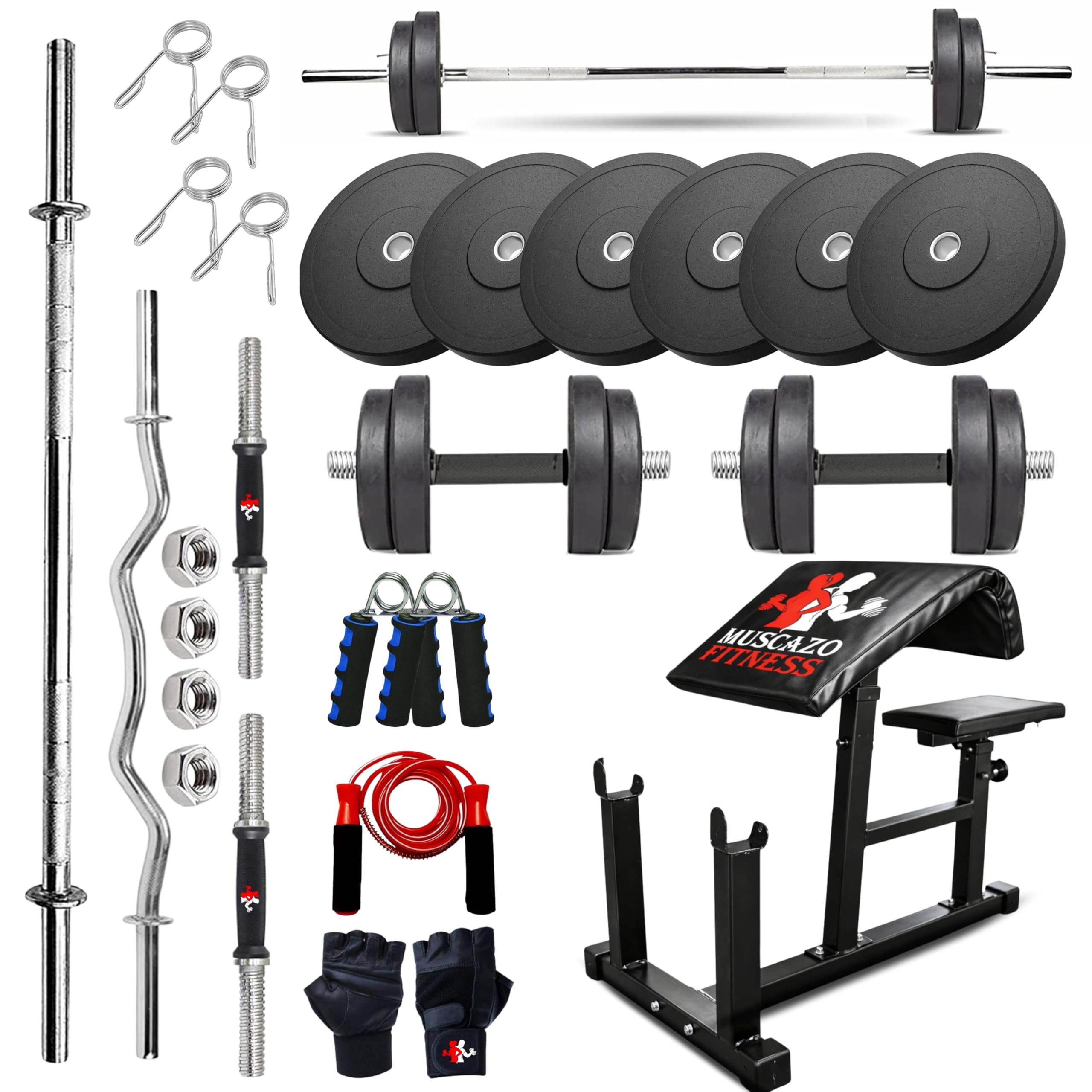 10KG Rubber Home Gym Set with Preacher Curl Gym Bench, Weight Plates, 5FT Barbell Rod, 3FT EZ Curl Rod, Dumbbell Rods, Gloves, Skipping Rope & Hand Gripper (100KG Combo)-image-24