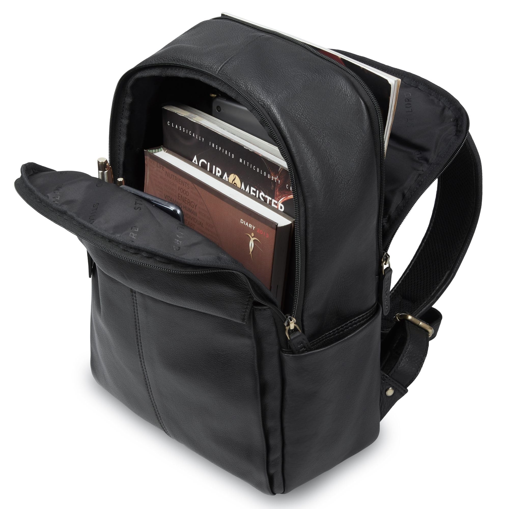 STILORD "Marino" Zaino in Vera Pelle Elegante per Uomo e Donna medie – Zaino da Studente con scomparto per Laptop 13-14 pollici – Ideale come zaino da città elegante Colore:nero