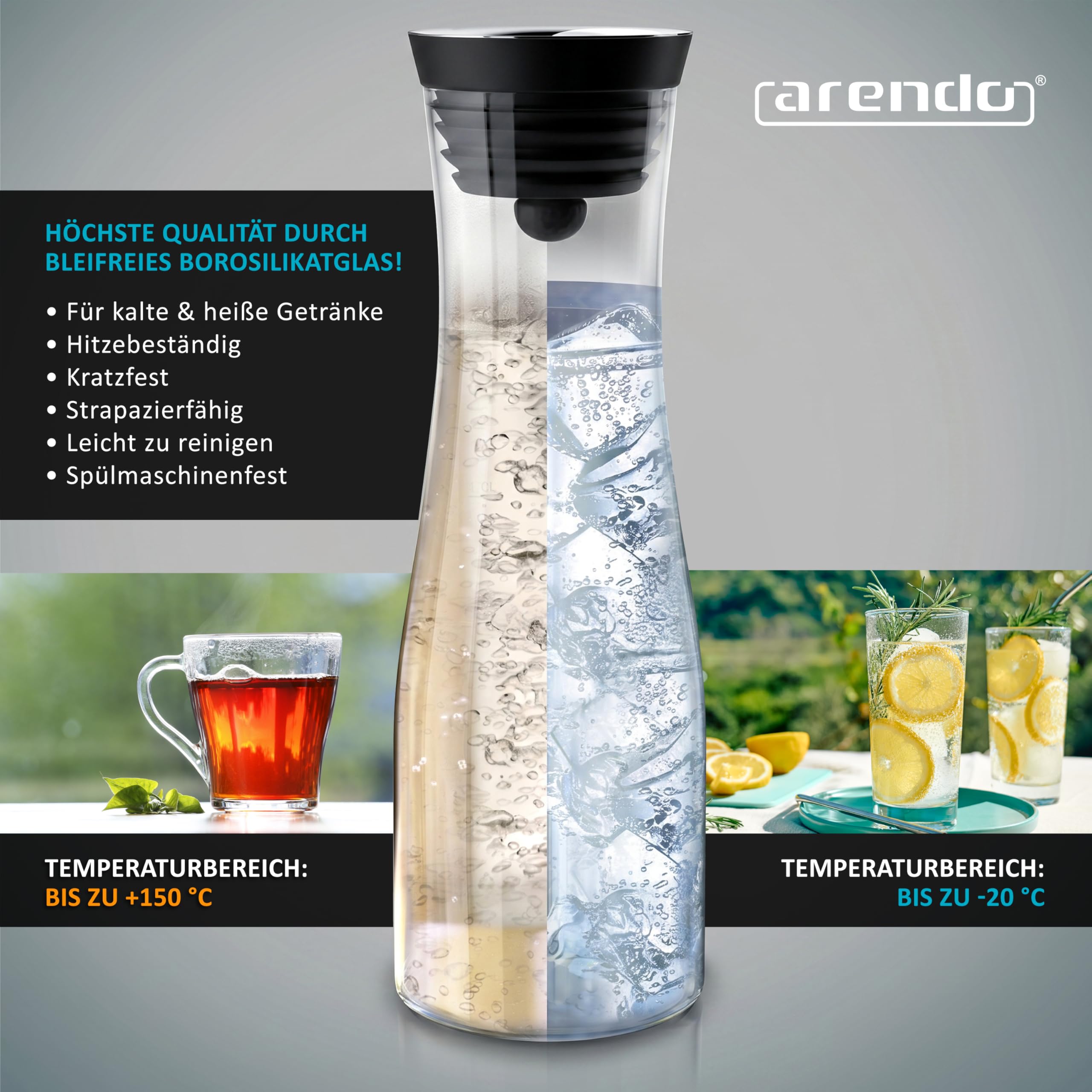Arendo - Wasserkaraffe mit Deckel 1700 ml, Glaskaraffe mit Deckel und integriertem Grobfilter aus Edelstahl, Karaffe aus Borosilikatglas 1,7 L, Temperaturbereich –20 °C bis +150 °C